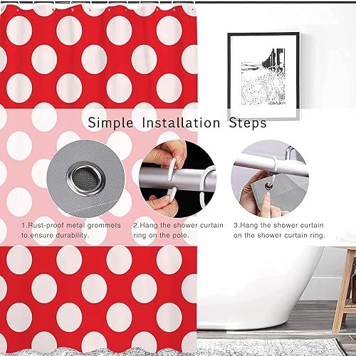 Miniatura 4 de Juego de cortinas de ducha con diseño de lunares, color rojo y blanco