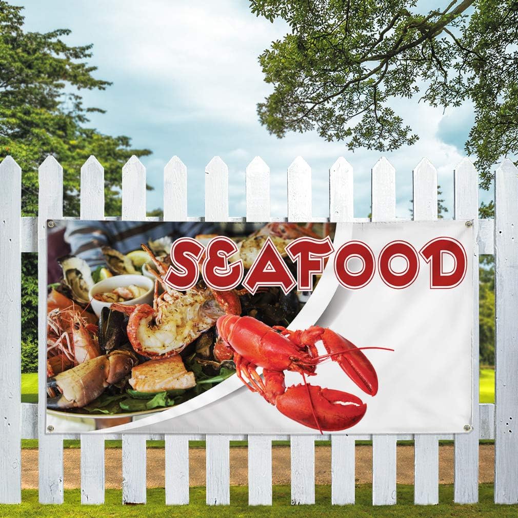 Vinyl Banner Multiple Sizes Seafood Outdoor Advertising Printing A Food & Beverage Outdoor Weatherproof Industrial Yard Signs White 4 Grommets 16x40Inches