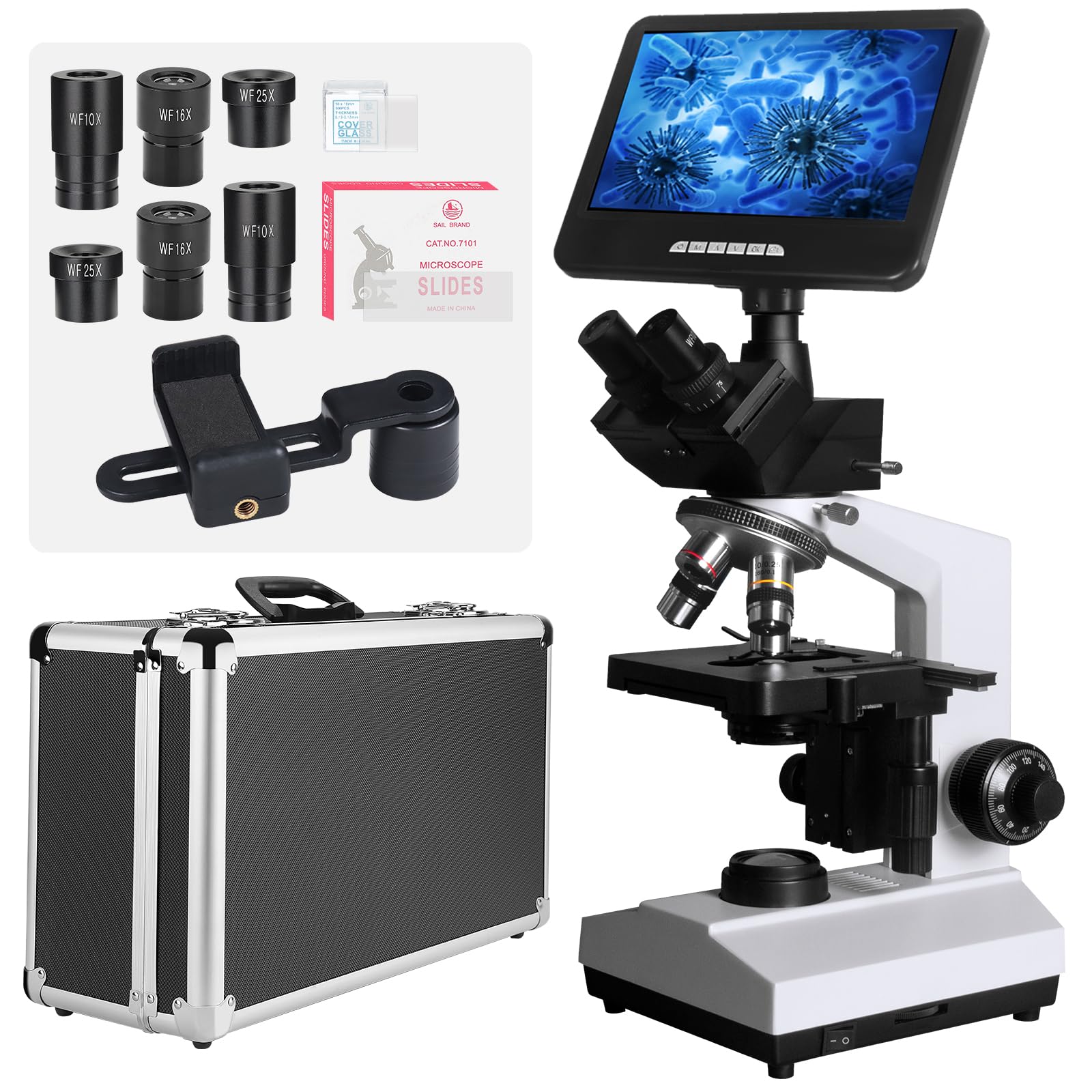 [Darkfield 24MP Smart Monitor] Vabiooth Lab Trinocular Compound Microscope 40X-2500X Magnification with Monitor Free Software-One Click Capturing Images &amp; Video, Measuring Lengths