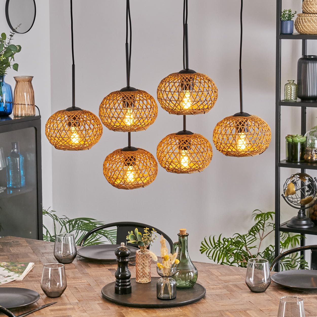 HOFSTEIN Lampa wisząca Mulstrand, 6-punktowa lampa wisząca z metalu/plecionki papierowej w kolorze czarnym/naturalnym, nowoczesna lampa wisząca w stylu boho z kloszami kratowymi (Ø 20 cm), E27, do