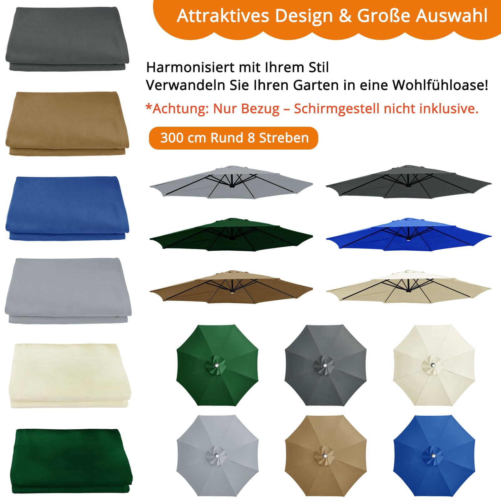 Sonnenschirm Ersatzbezug 3m Durchmesser, 8 Streben, Beige | UV-Schutz & Strapazierfähig, Sonnenschirm Bezug, Gartenschirm Ampelschirm Ersatz Stoffbezug für Hof, Garten, Strand und Pool