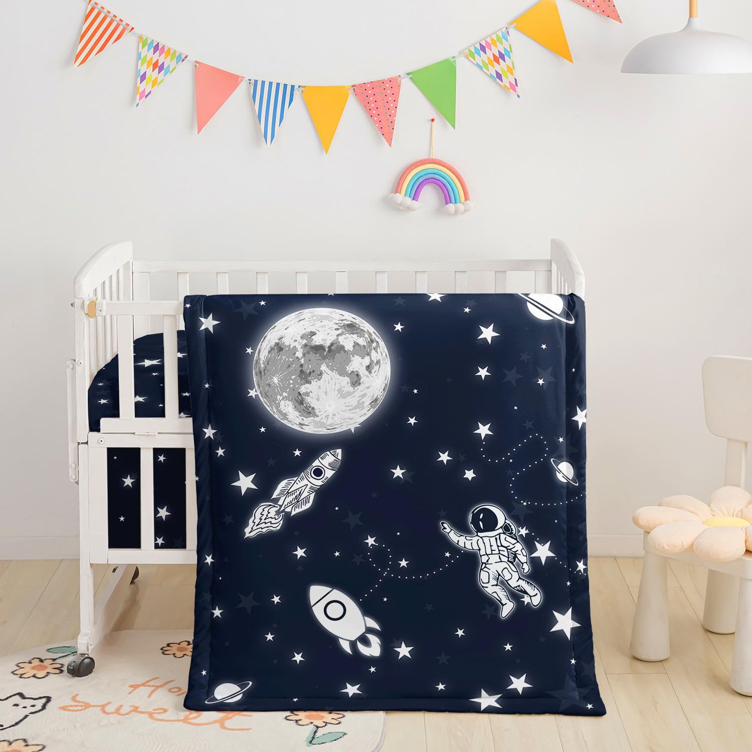 Datura Home Crib Bedding Set, 3-Piece Nursery Bedding with Comforter, Sheet & Skirt - Rocket Astronaut Moon Printed - Black