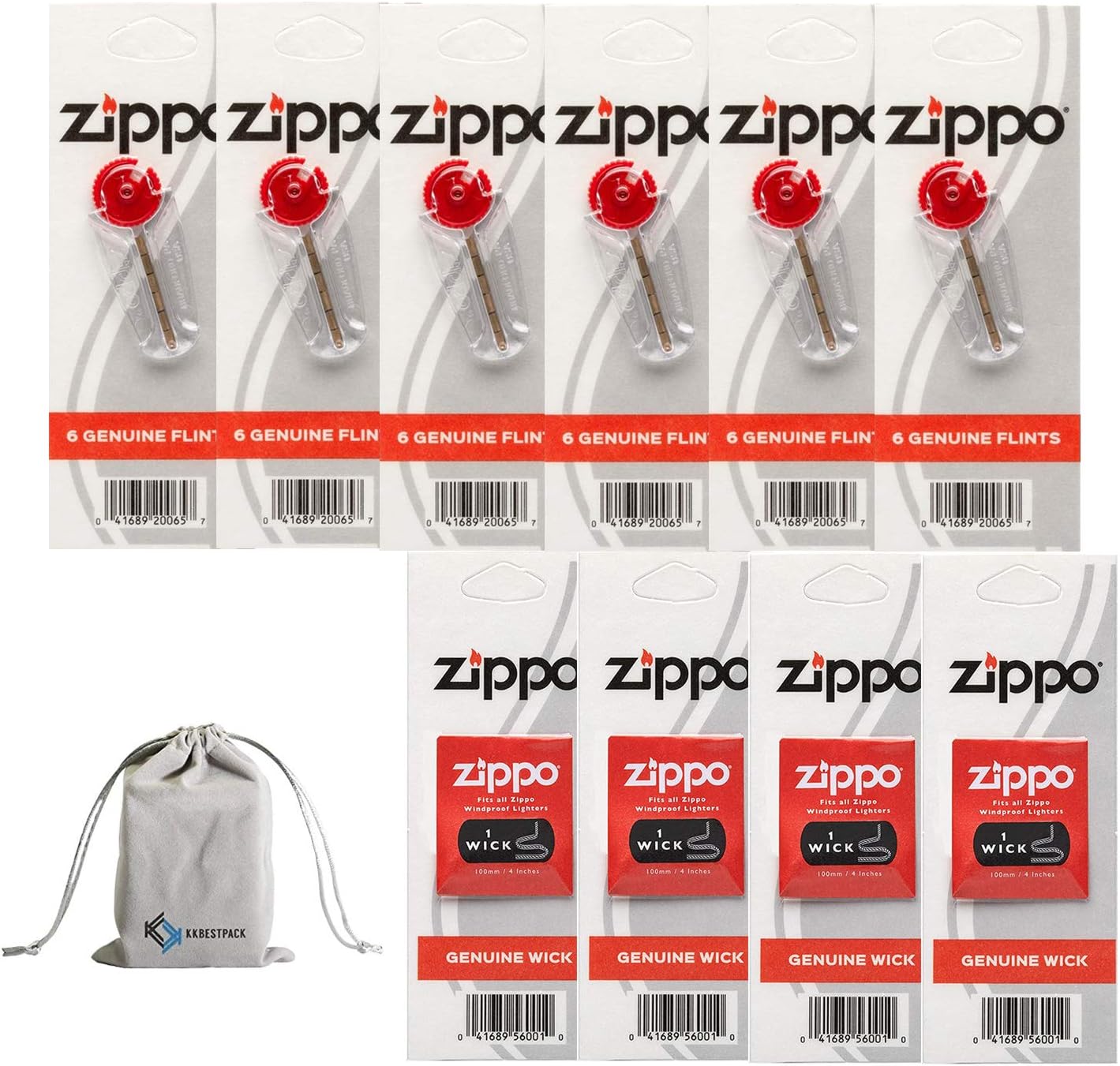 KKBESTPACK Zippo Lighter Replacement 6 Flint Dispensers (36 Flints) & 4 Wicks 10 Value Pack Bundle with Pouch