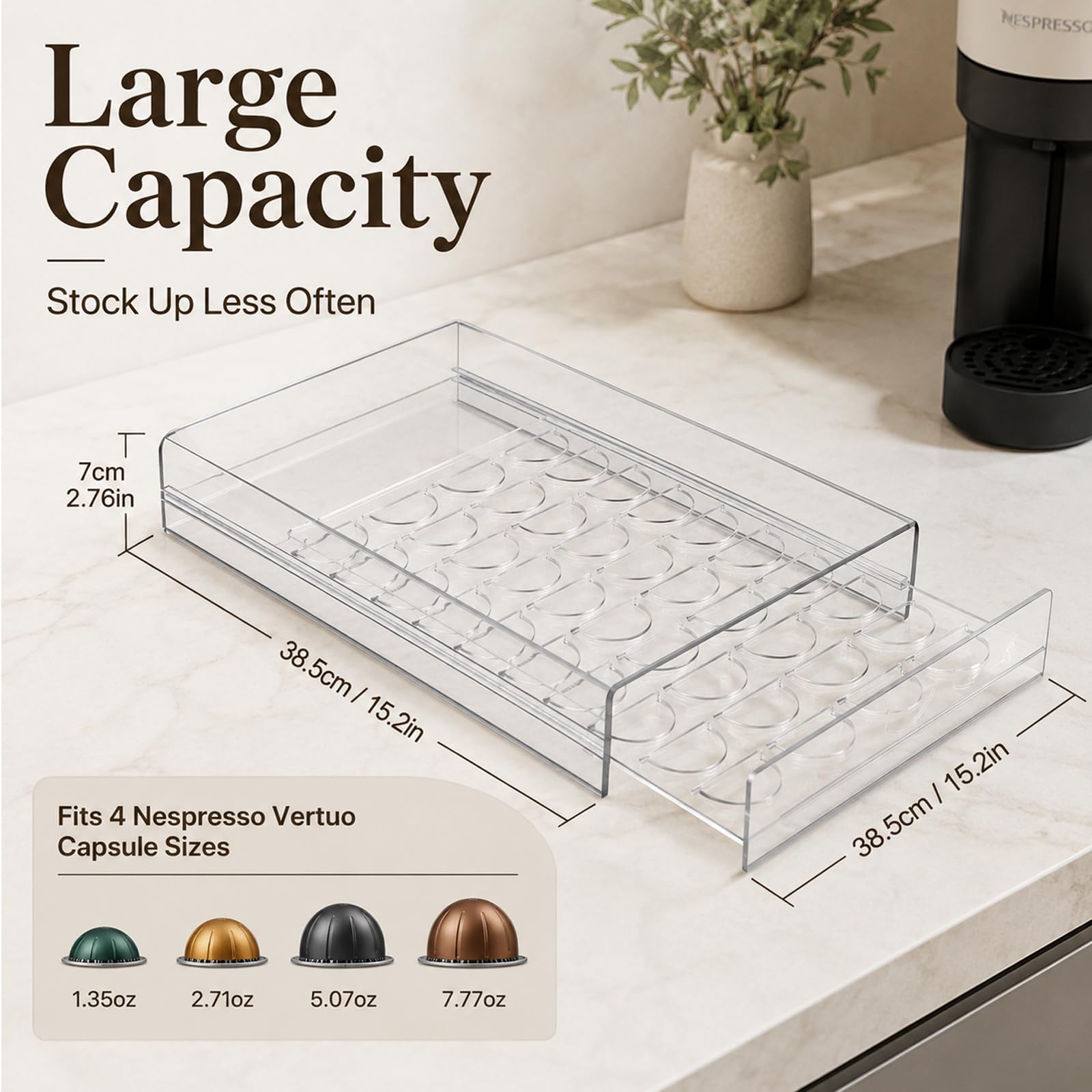 Soporte acrílico para cápsulas de café, 40 soportes transparentes para cápsulas Nespresso Vertuo, dispensador de cajones de cápsulas que ahorra espacio, soporte para máquina de café para