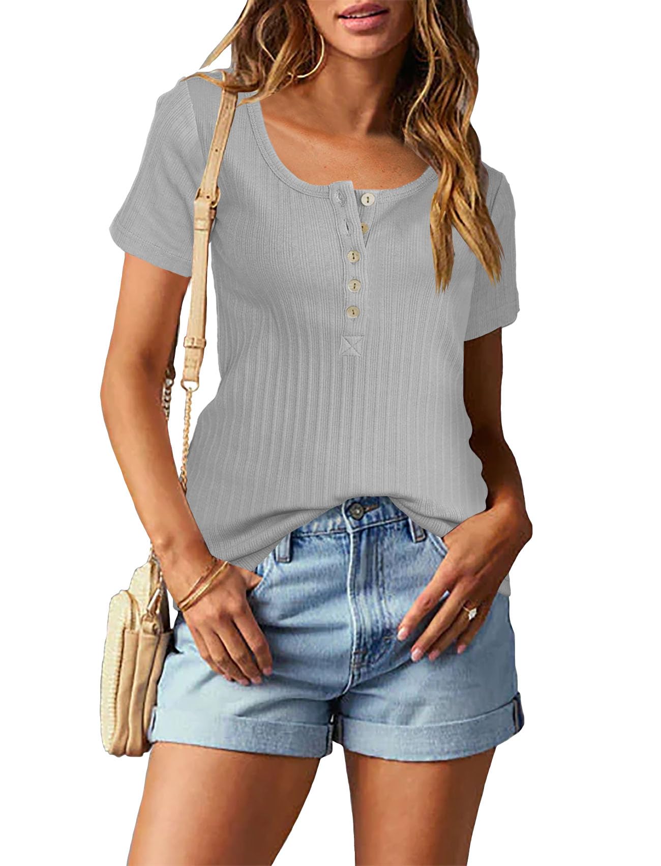 Topstype Short Sleeve Henley Tops for Women Summer T Shirts Trendy Medium Grey