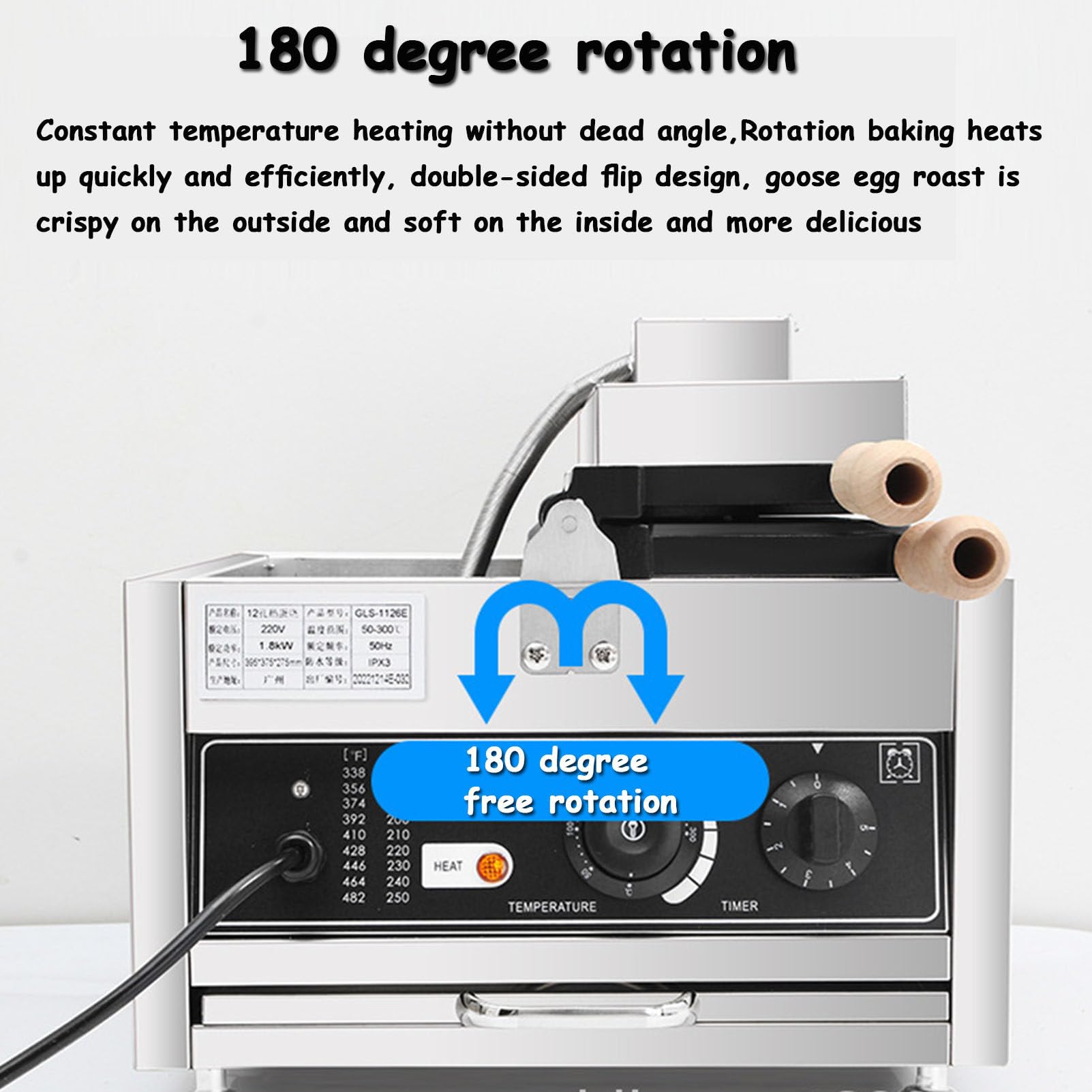 Macchina per Waffle a Forma di Uovo, Macchine per Waffle e Ferri con Rotazione a 180°, Attrezzatura da Cucina Commerciale per panetteria, Snack Bar, Ristorante