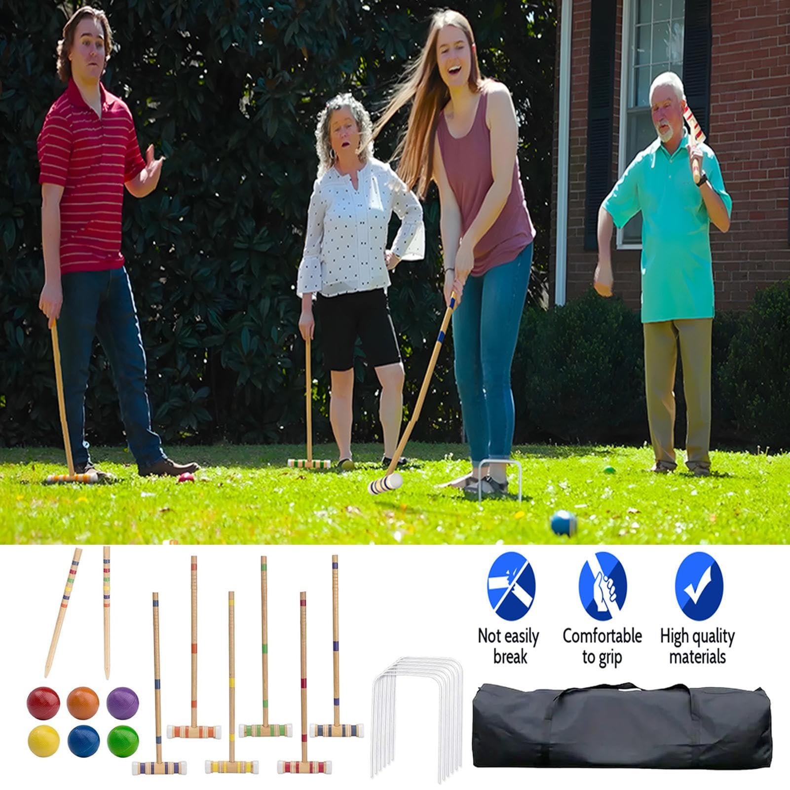 Conjunto de croquet para adultos, set de croquet Juegos de césped al aire | Juego de bolos de madera reutilizable, kit deportivo al aire libre para