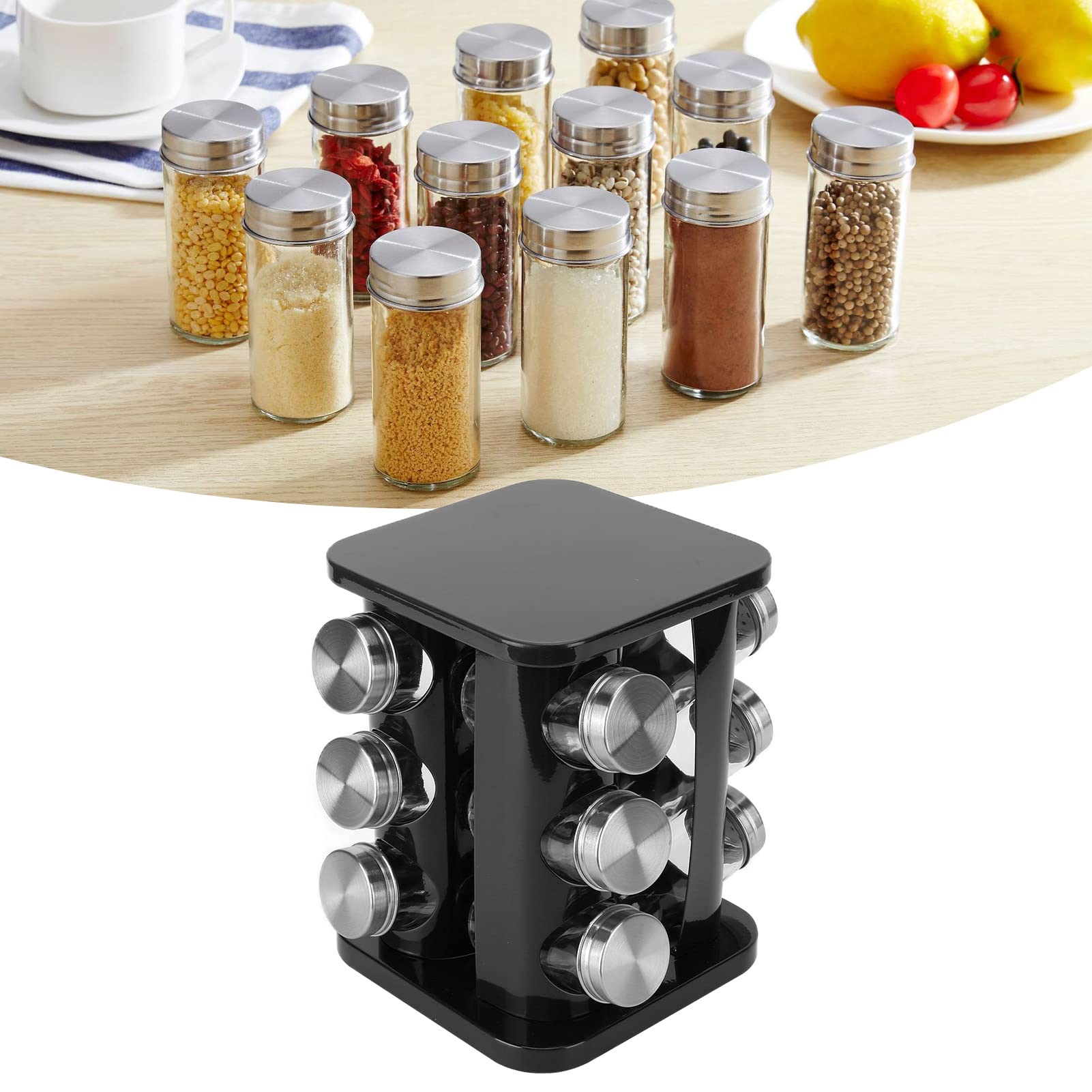 Estante giratorio para especias de acero inoxidable, organizador giratorio para tarros de especias y condimentos, para almacenamiento en encimera de cocina, duradero y elegante (J13436BLK[12] negro)