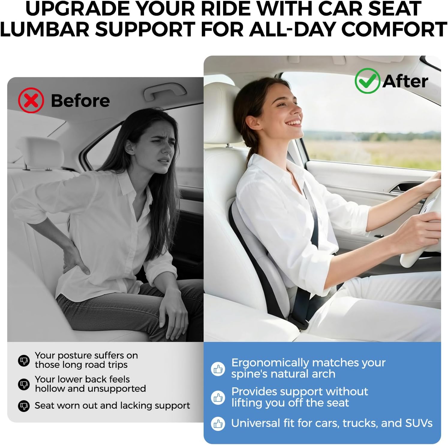 BEBAS Ergonomic Lumbar Support Pillow for Car, Memory Foam Back Support for Driving, Lower Back Pillow for Pain Relief, Comfort Back Cushion for Office Chairs, Car Seat, Wheelchair -Gray