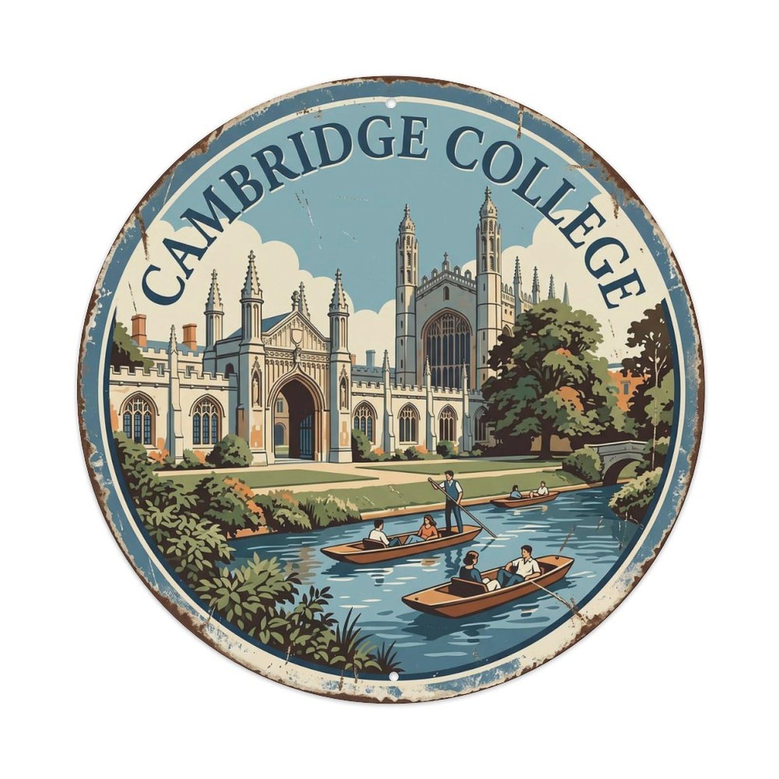 Cambridge College England Cartography Vintage Landmark Travel Metal Tin Sign Plaque Wall Decor for Cafe, Man Cave, Club Bar, Office, Home Garden Round Metal Poster 8x8Inch