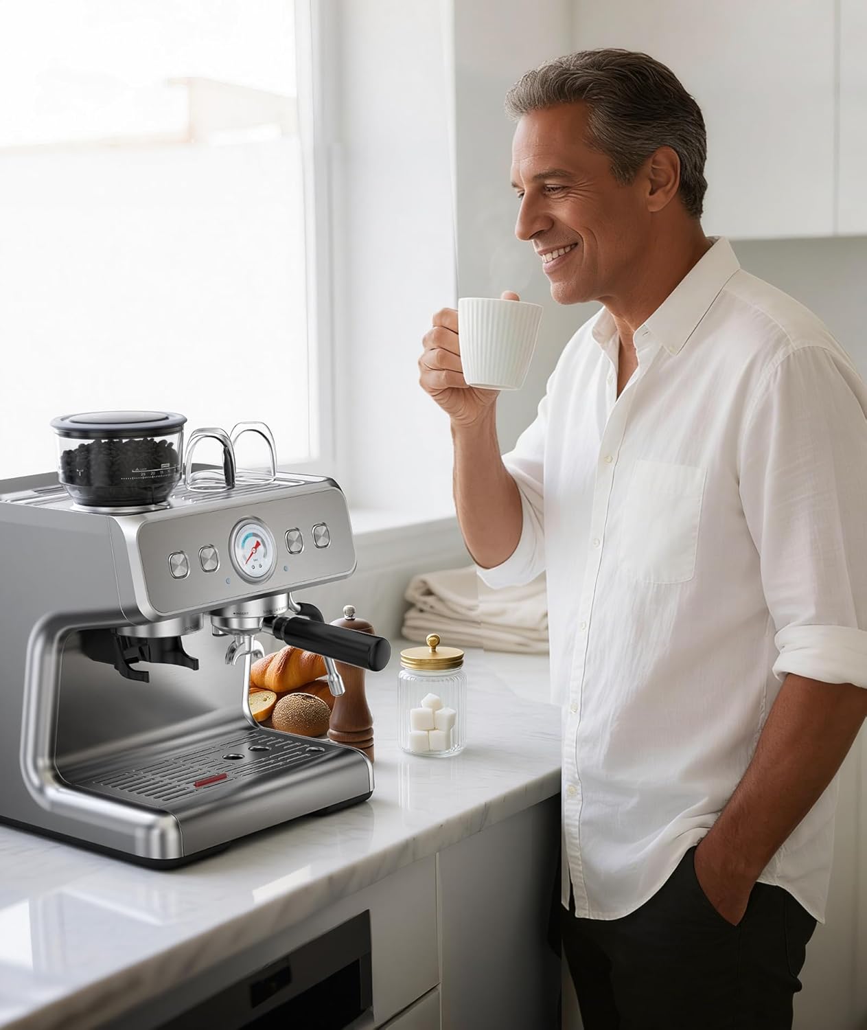 15 Bar Espresso Machine with Grinder & Milk Frother, 58mm Expresso Coffee machines, Stainless Steel Coffee Maker for Cappuccino and Latte, Perfect for Home and Café Use-Dual Boiler