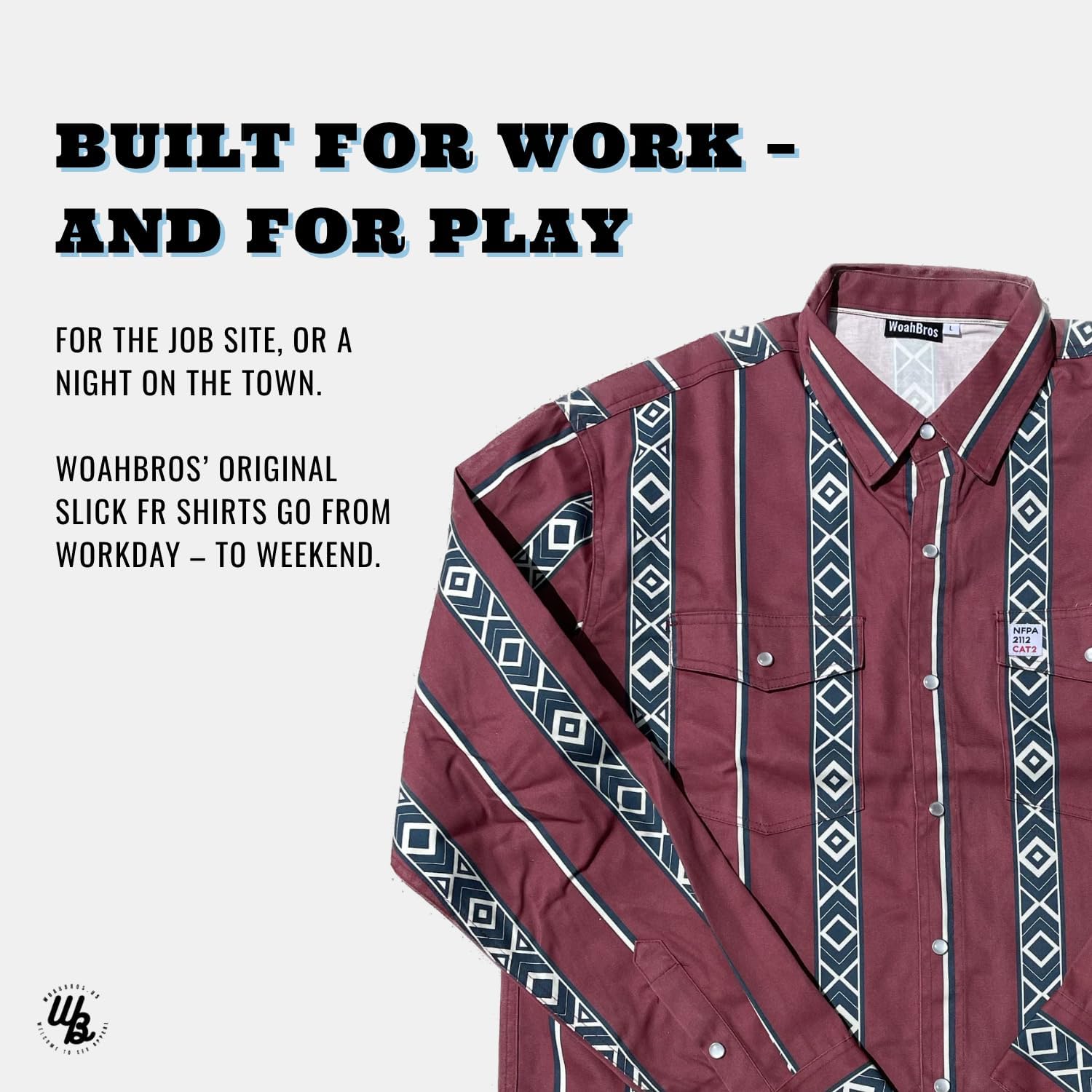 WoahBros FR Shirts for Men, 8oz Midweight Flame Resistant Welding Shirt, 100% Cotton, Pearl Snap Buttons - CAT2/NFPA2112