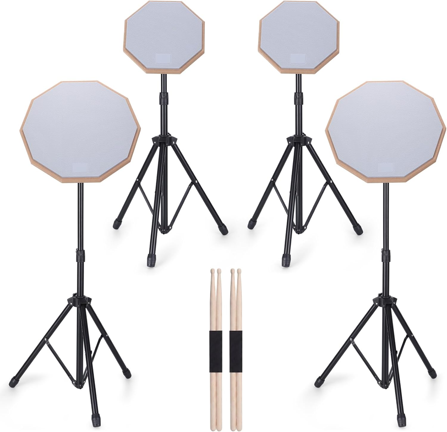 4 Sets 12 Inch & 8 Inch Practice Drum Pad with Stand and 2 Pairs of Sticks, Beginner Snare Drum Pad with Drumsticks, Double Sided Silent