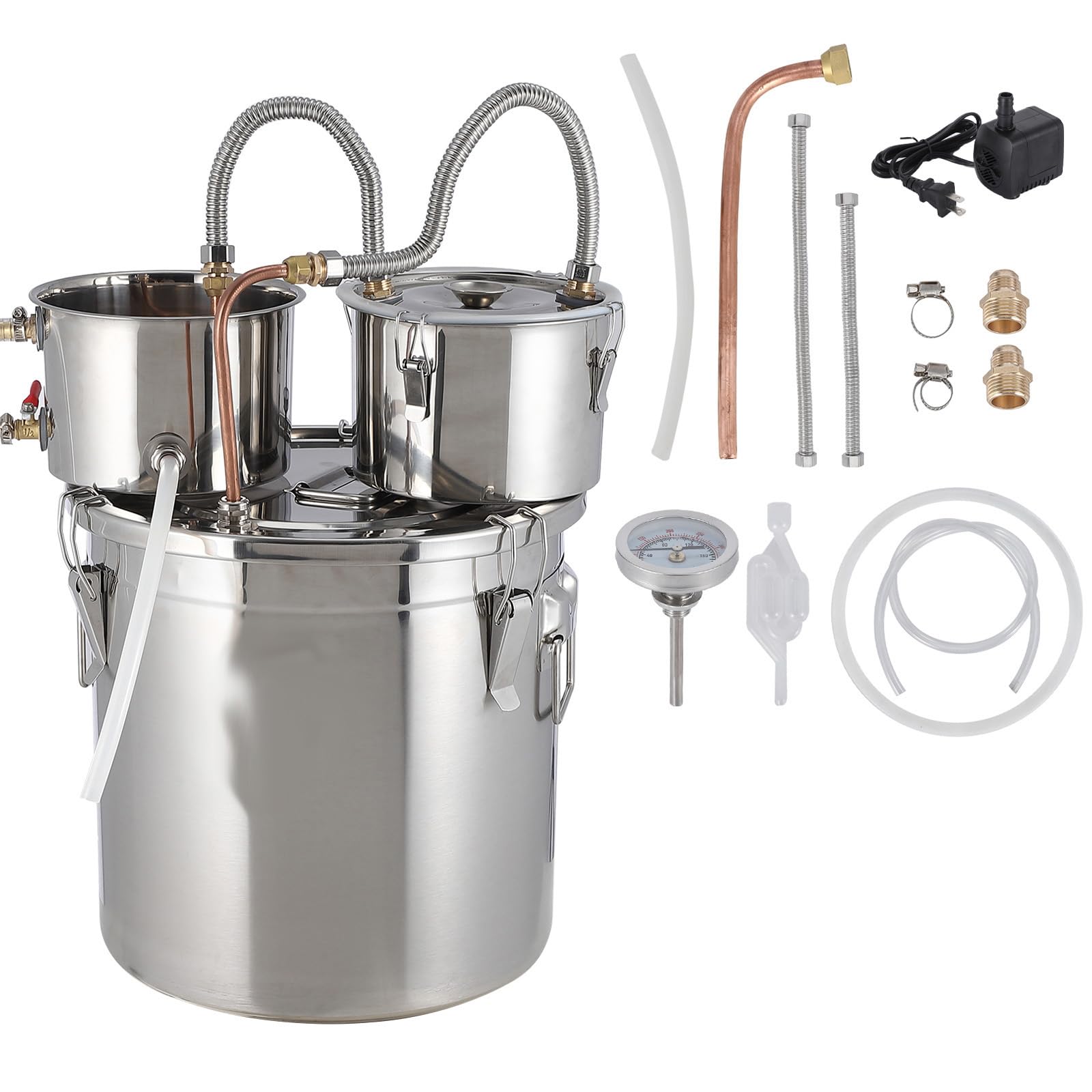 13Gal Double Chilled Alcohol Still - Stainless Steel Home Still Kit with Copper Tubing & Built-in Thermometer, 3 Pot Multi-Purpose Distilling Kit for DIY Whiskey Brandy