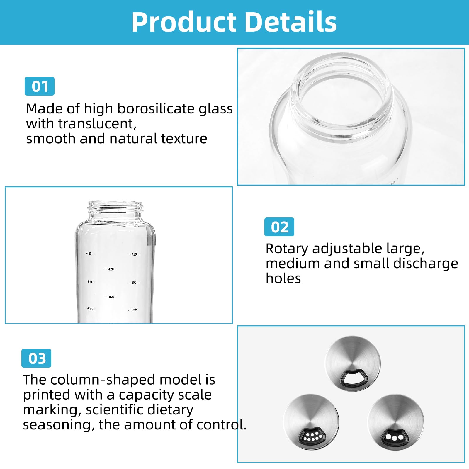 2 Pots à épices En Verre Borosilicaté 500 Ml | Avec Couvercle Pivotant Et 3 Types De Trous | Conservation Hermétique | Transparents