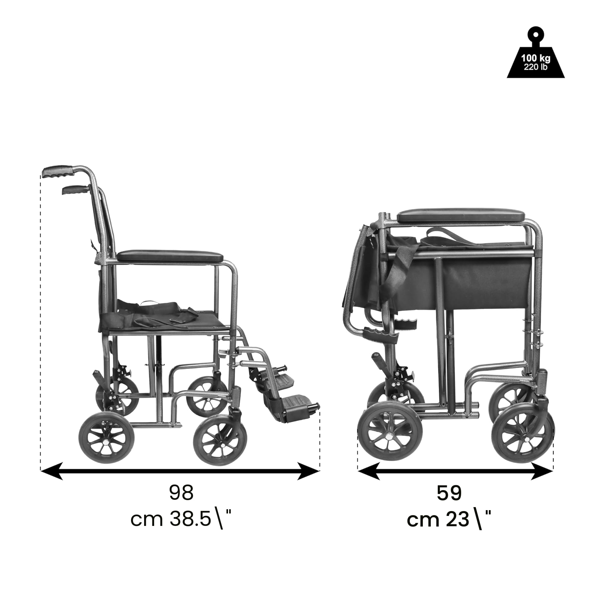 PEPE Mobility Fauteuil Roulant Pliable Léger (Siège Étroit 38 cm), Chaise Roulante Handicapé, Personne Âgée, Acier, Transit