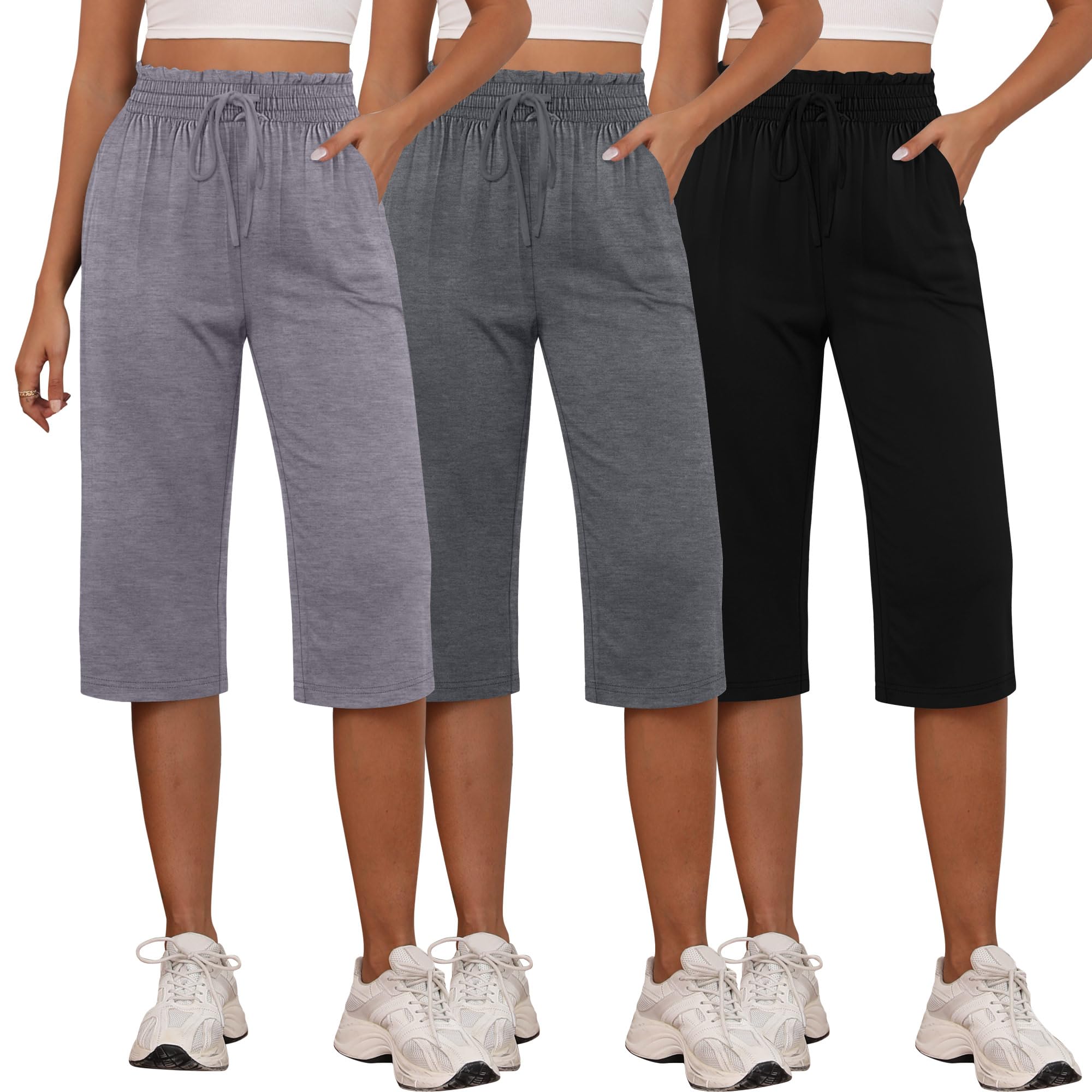 Neer 3 Pack Capri Pants for Women Cotton High Waisted Wide Leg Cropped Trousers Drawstring Ruffled Palazzo with