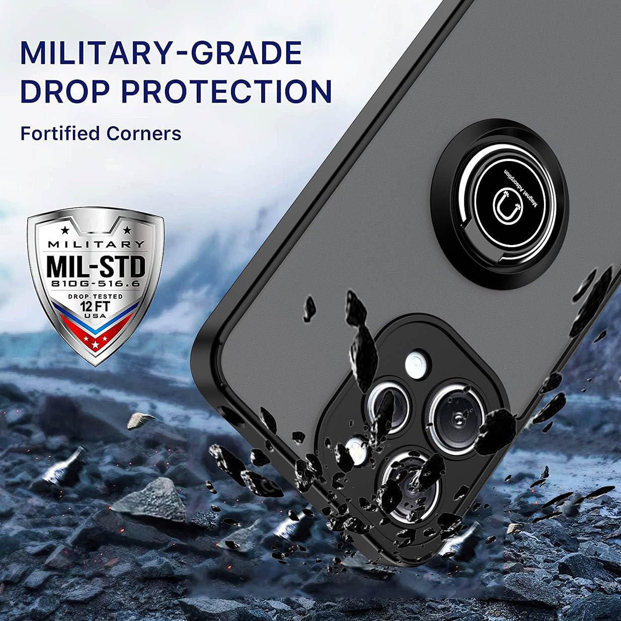 Coque UPLAI Pour Xiaomi Redmi 12 – Bleu Ciel, Ultra Fine, Anneau Magnétique Rotatif 360°, Protection TPU + PC