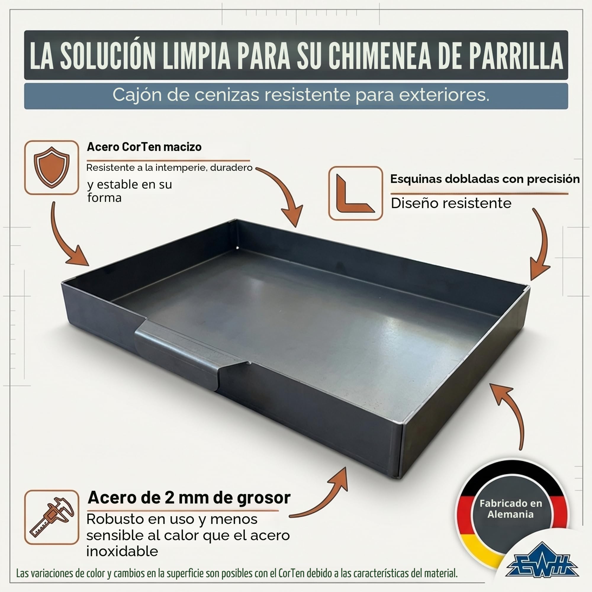 EWH Aschekasten para barbacoa de acero CorTen resistente a la intemperie/aspecto de óxido noble (49 x 34 cm) Recipiente para cenizas/bañera de cenizas para parrilla/chimenea exterior