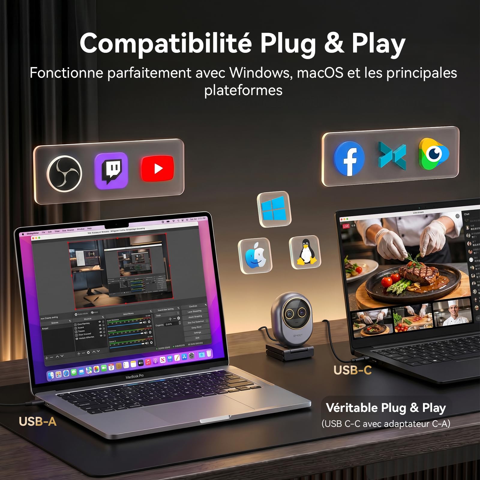eMeet Piko Webcam 4K Streaming Double Objectif (Grand Angle & Téléobjectif), Zoom Hybride 11X, Autofocus 0,2s, Télécommande, 3 Micros, Cache Confidentialité Panda, USB-C Travail