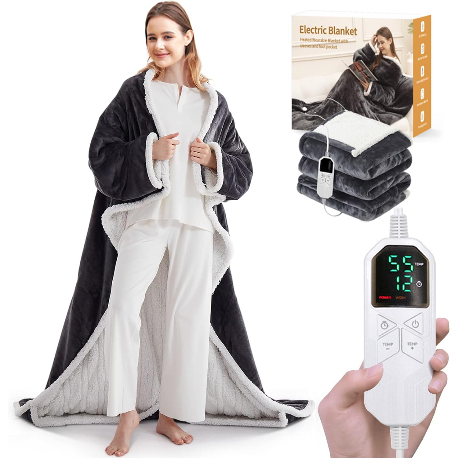 Coperta riscaldante con maniche, 130 × 180 cm, 10 livelli di calore, fino a 12 ore di spegnimento automatico, in flanella lavabile, adatta per casa e ufficio, coperta elettrica per letto e