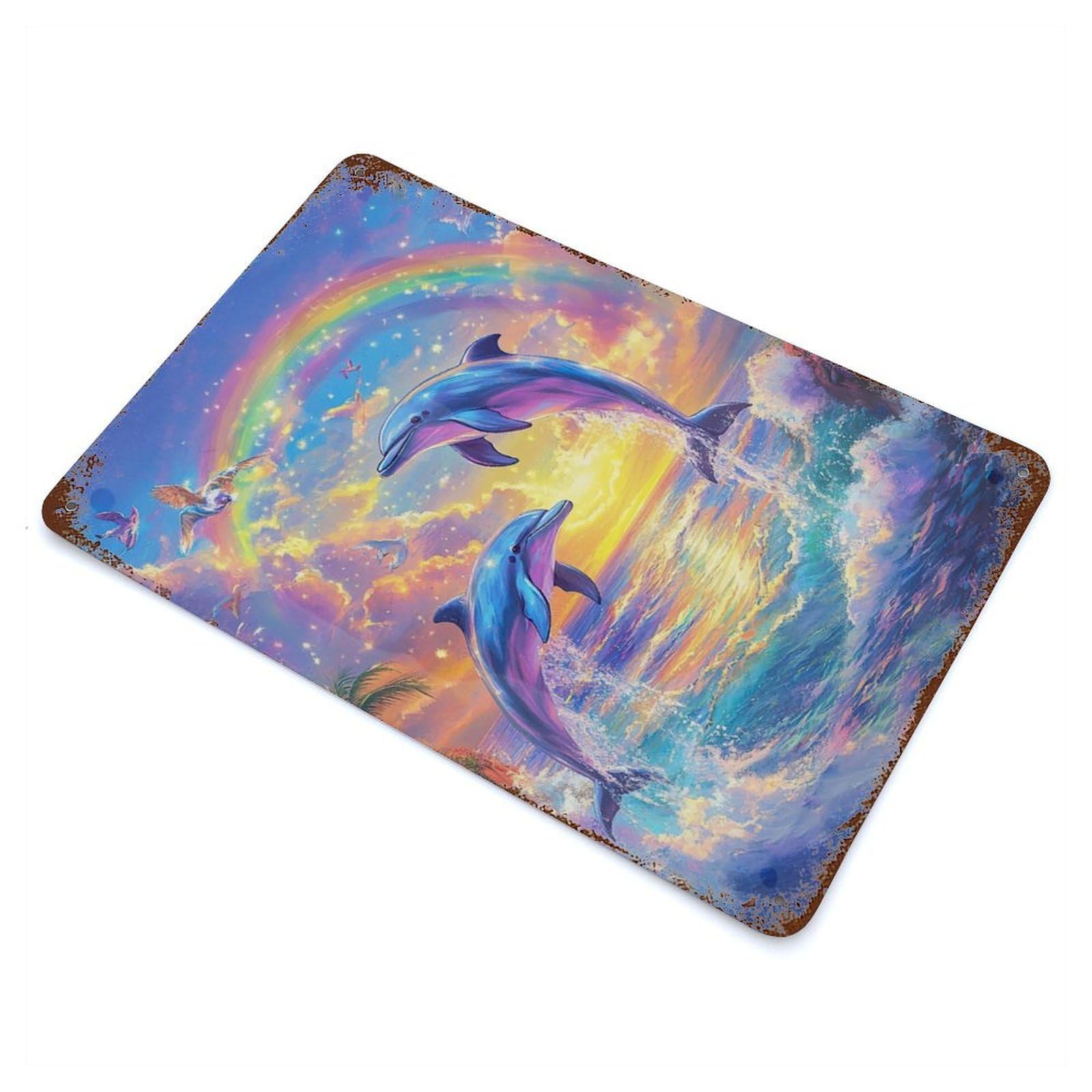 Vintage Rust Metal Sign Dolphins Jumping Rainbow Sunset 11.8"x7.9", Decorative Metal Wall Art for Basement, Hobby Room And Garage Decor