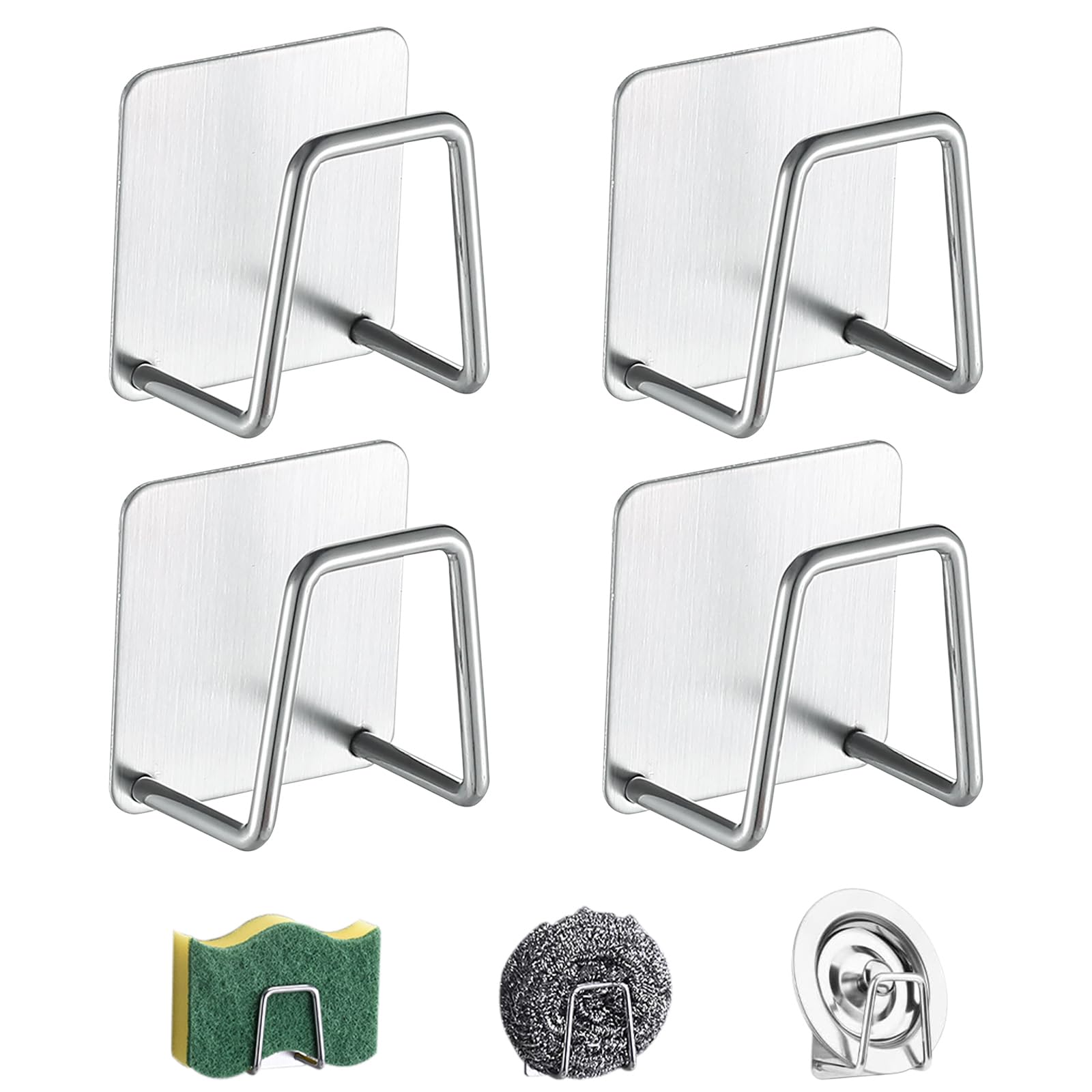 Realand Silver 4Pcs Sponge Holder For Kitchen Sink, Sus304 Stainless Steel Dish Sponge Holder Strong Adhesive Rustproof & Waterproof Kitchen Sink Caddy,