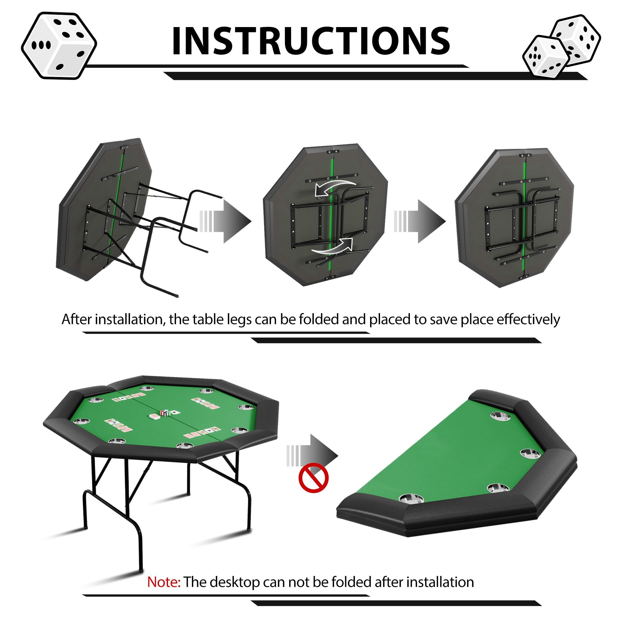 Table de poker 8 joueurs pliable octogonale verte Table de jeu octogonale avec revêtement en feutre