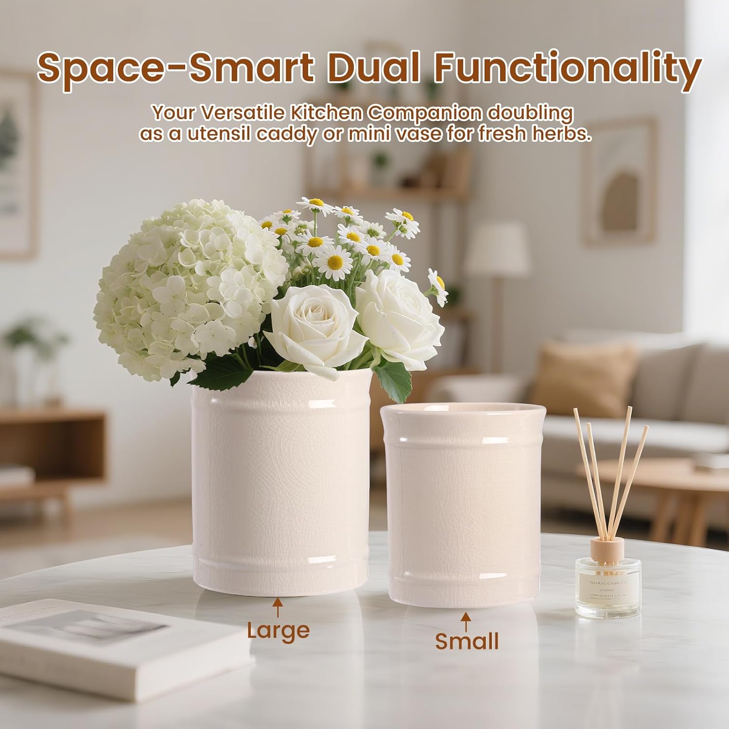SZUAH Kitchen Utensil Holder, Larger Ceramic Utensil Crock for Kitchen Counter top & Dining Table (Cream, 5.9" x 5.9" x 6.7")