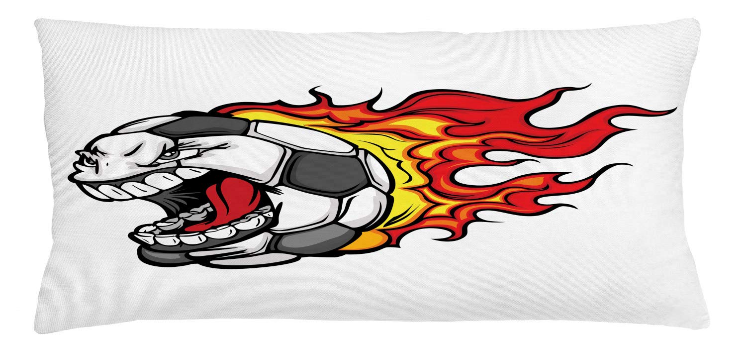 Lunarable Sports Throw Pillow Cushion Cover, Cartoon Image of a Blazing Soccer Ball with Aggressive Angry Mean Face, Decorative Rectangle Accent Pillow Case, 36