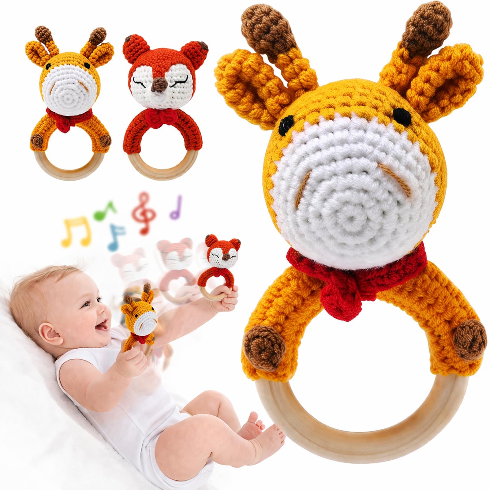 Joylife Sonajero de madera para bebé, hecho a mano con anillo de dentición de madera, juguete para recién nacido, sonajero orgánico, ideas de anuncio de bebé, accesorios de jirafa naranja