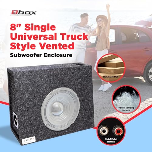 Miniatura 2 de Atrend Caja de subwoofer ventilada universal estilo camión de 8 pulgadas - Paneles de extremo en inglete y Dado - Acabado alfombrado premium,