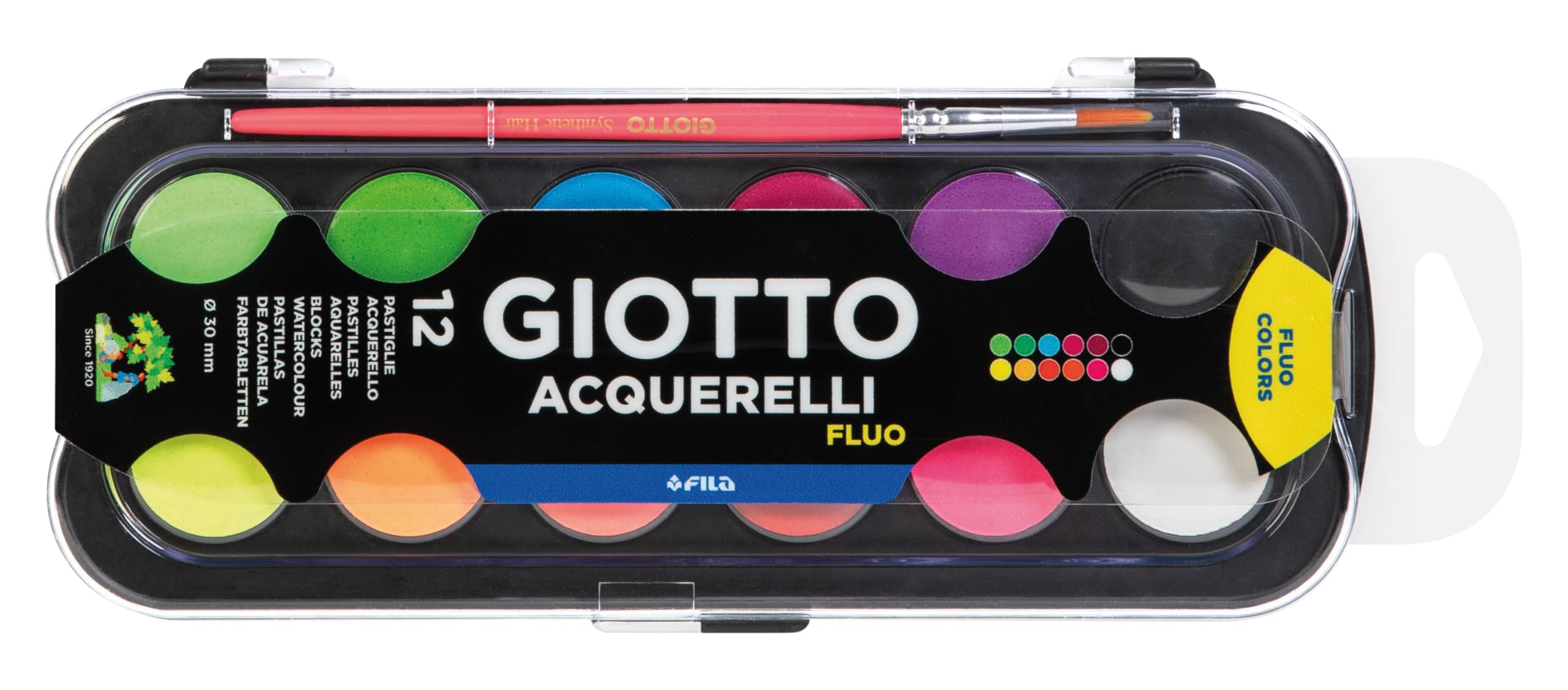 GIOTTO Aquarelli 12 Fluo Watercolour Pans, Includes 1 Brush, Assorted Colours, For Children, Party Bags & Schools