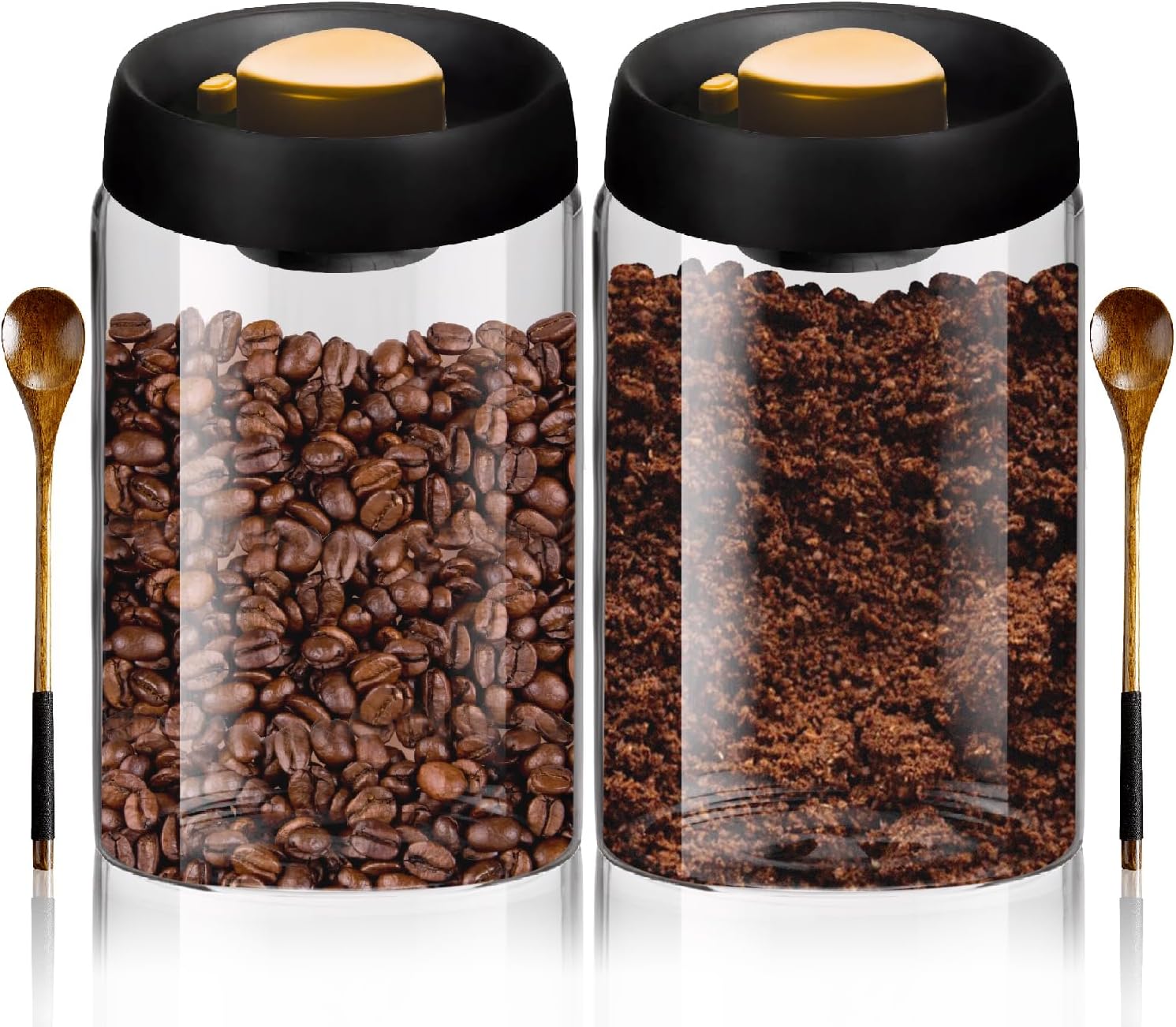 2PCS Vacuum Coffee Canisters with Airtight Lids and Wooden Spoons for Coffee, Borosilicate Glass Mason Jars Vacuum Sealer Kit, Grounds Coffee Bar Accessories for Tea, Beans, Spices, Sugar, 1200ml