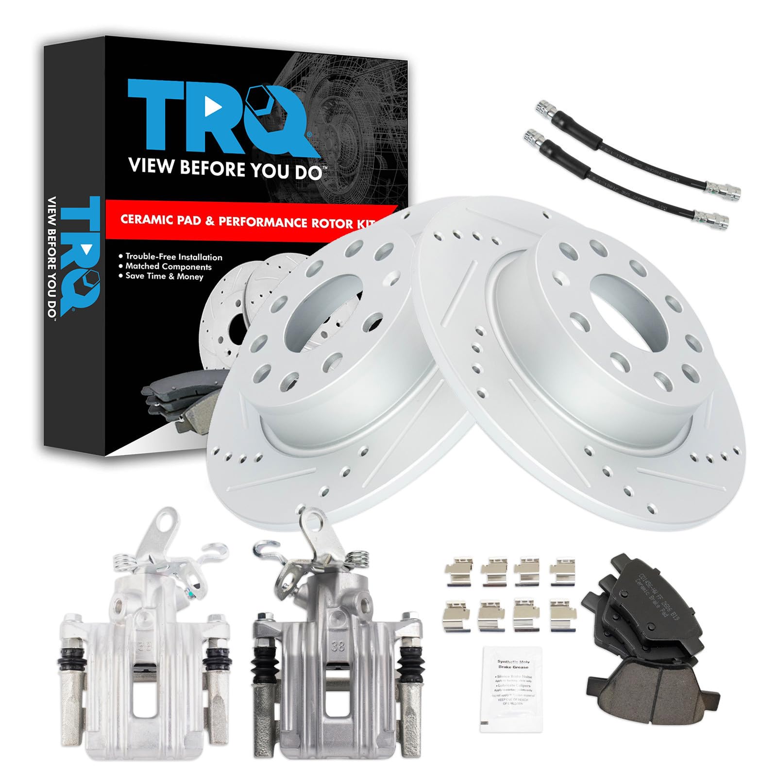 TRQ Performance Rear Brake Pad and Rotor Set Ceramic Slotted Drilled 272mm Rotors Calipers Compatible with 2010 Audi A3 2010-2014 Volkswagen Jetta
