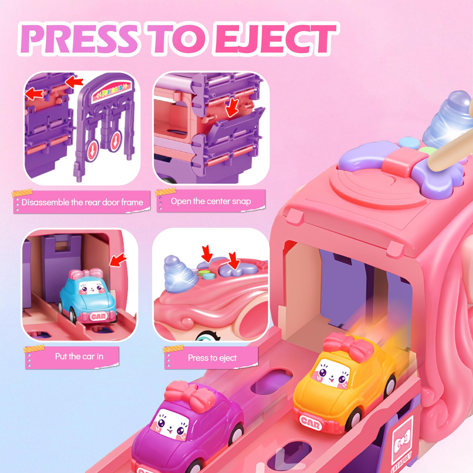 RoserRose Camion Giocattolo per Bambini, Unicorno Camion Porta Macchinine con 6 Mini Cars, Luci e Musica, Regalo Bambina 2 Anni, Macchina Giocattoli per Bambina 2 3 4 5 6 Anni