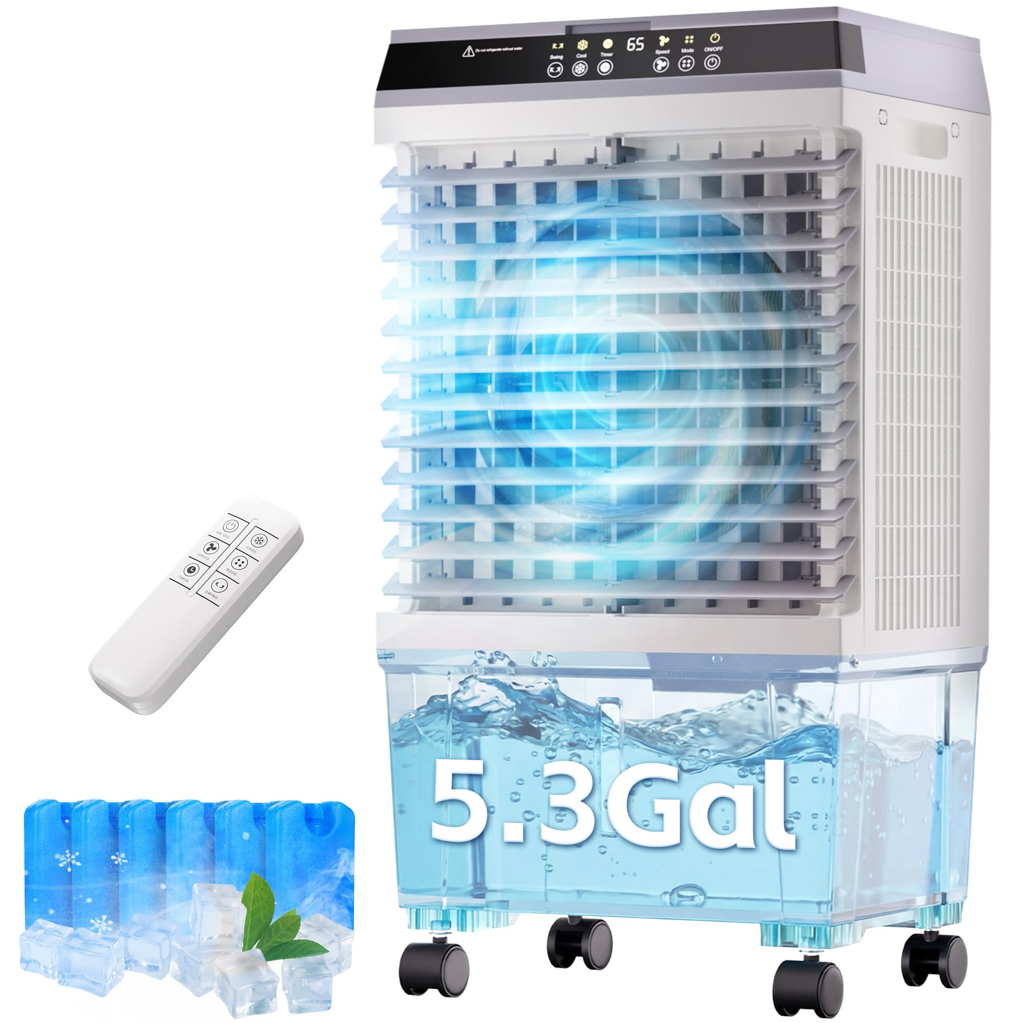 AKIRES 1800CFM Swamp Cooler,3-IN-1 Evaporative Air Cooler with 5.3 Gal Water Tank,6 Ice Packs,Evaporative Cooler with 12H Timer,2 Modes,3 Speeds,120°Oscillation，Cooling Fan for Indoor,Outdoor(31IN)