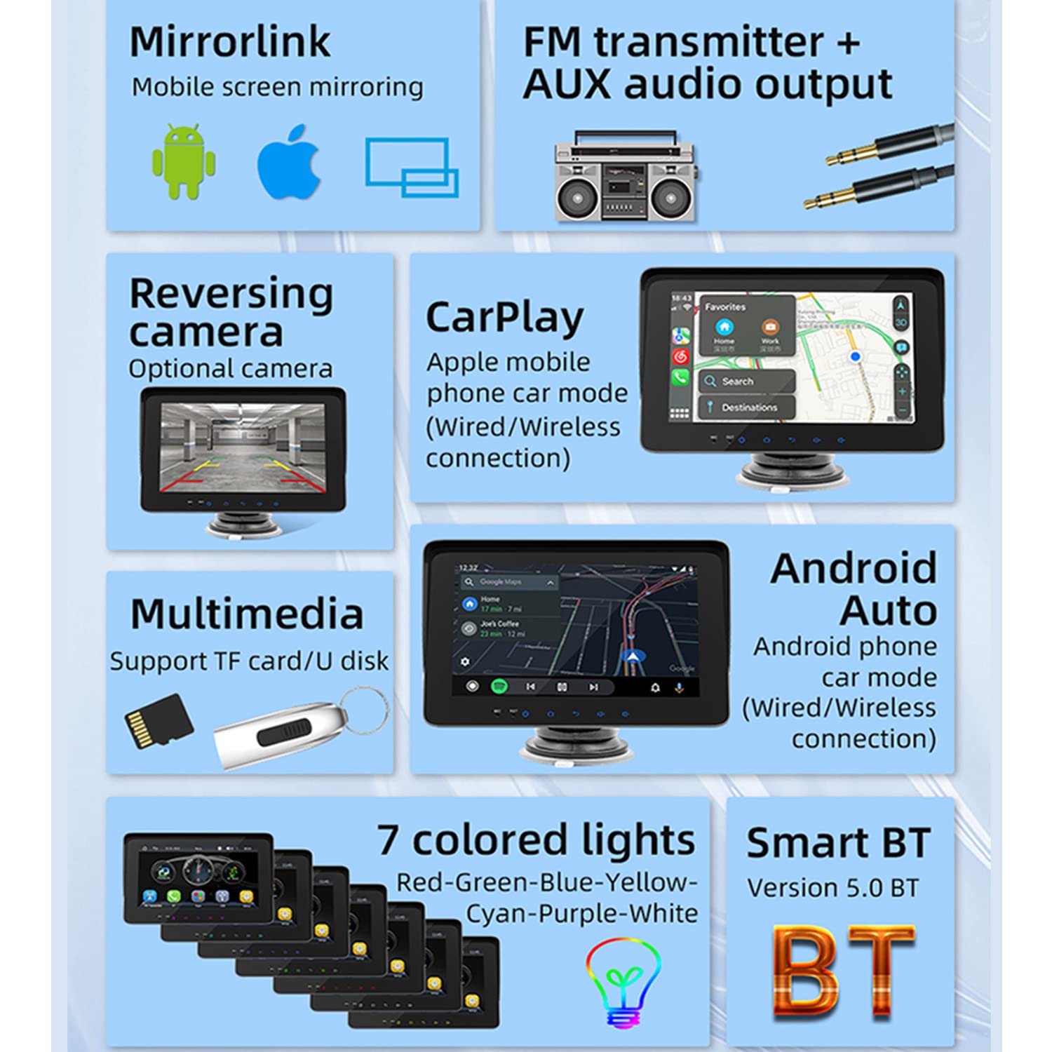 Portatile Monitor autoradio compatibile for Wireless Carplay Android Auto con Bluetooth, collegamento specchio telecomando volante, Bluetooth, trasmettitore FM, telecamera di backup AUX IN USB Port