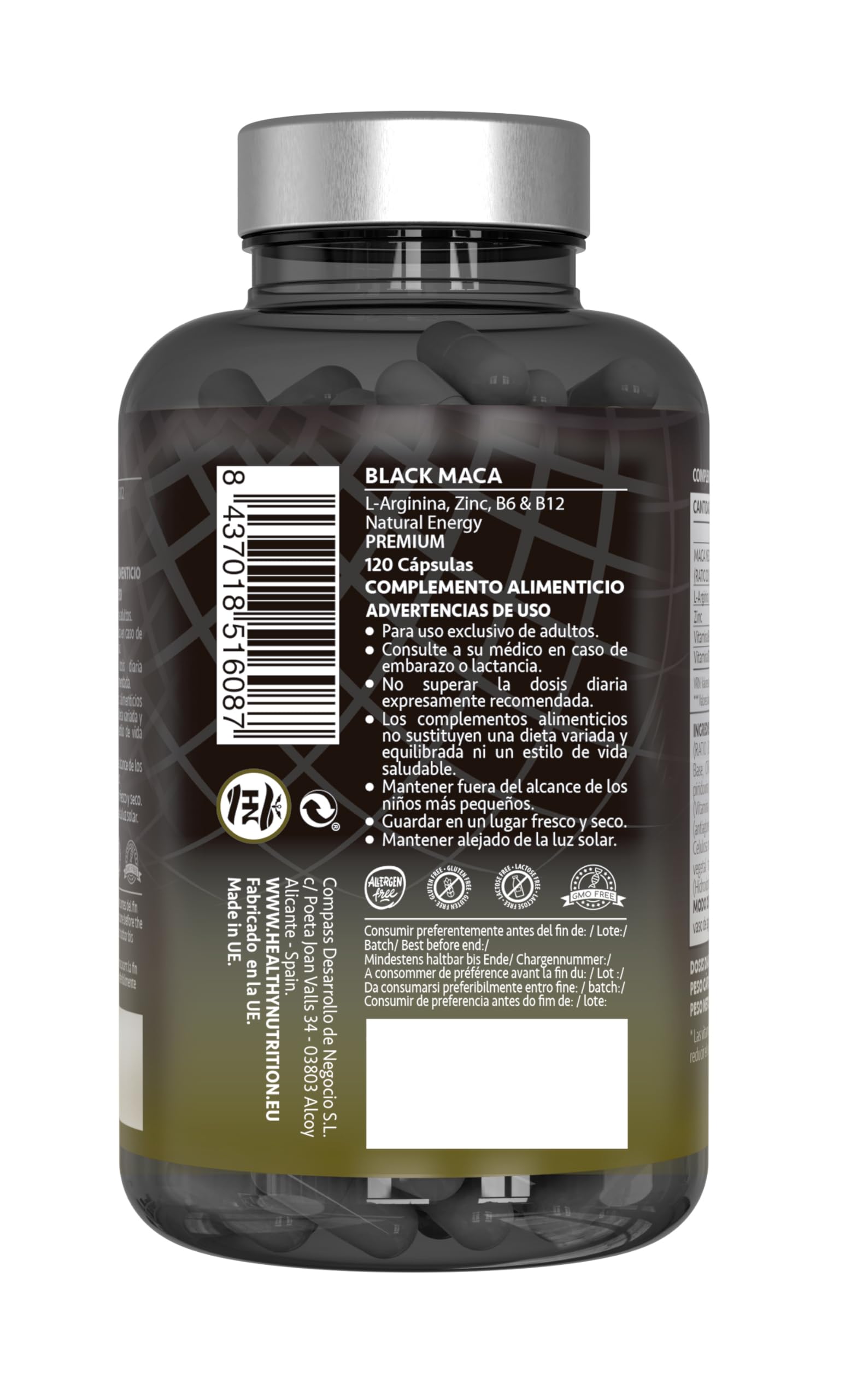 Maca Negra Andina Peruana con L arginina 24000 mg Altamente Concentrada 20:1 para máxima energía y rendimiento, Vitaminas B6 y B12 contra cansancio y fatiga Maka para hombres y mujeres (120x3 botes)