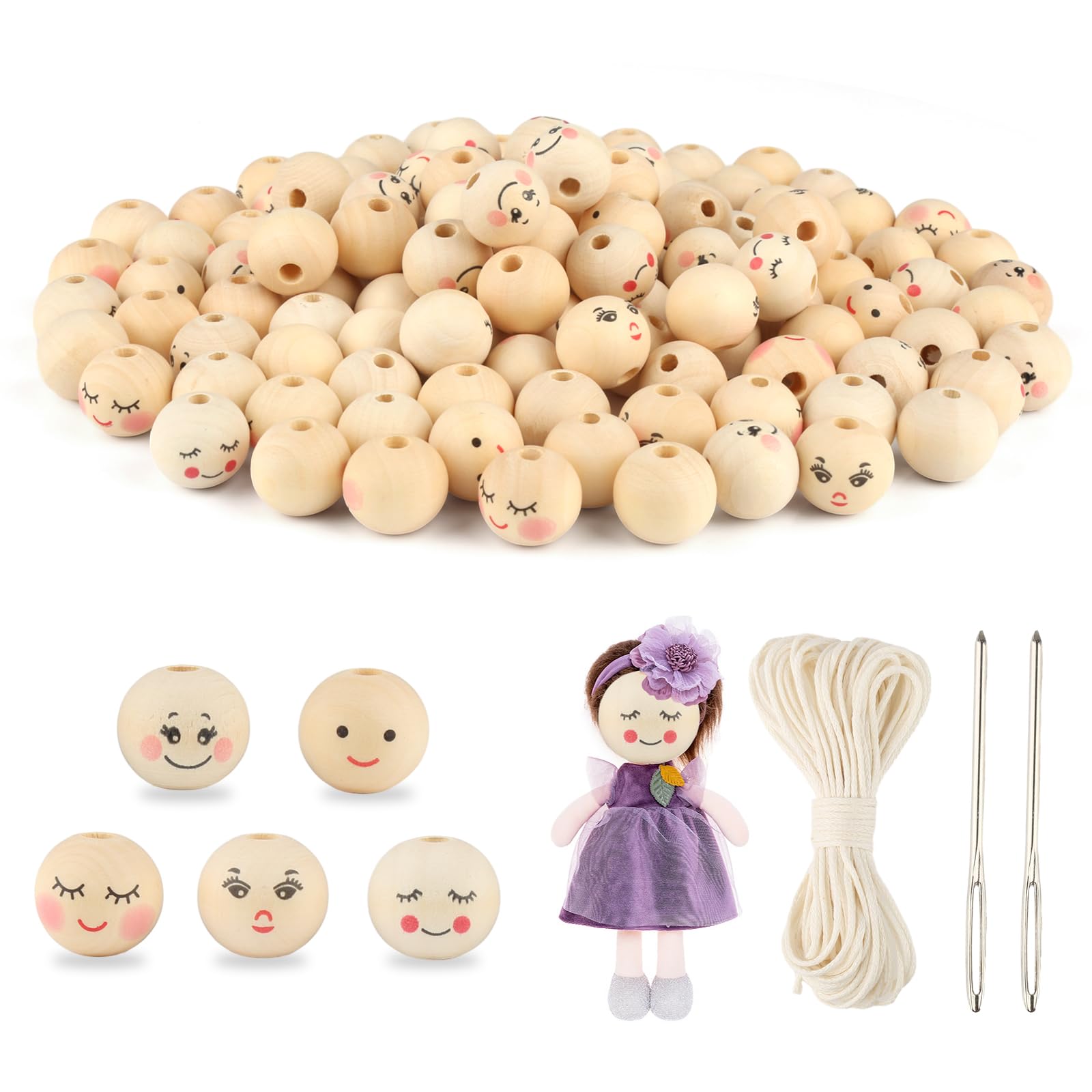 100 Perline Di Legno Con Faccine | 20mm | 4 Espressioni | Per Braccialetti, Craft E Bambole - Foto 5