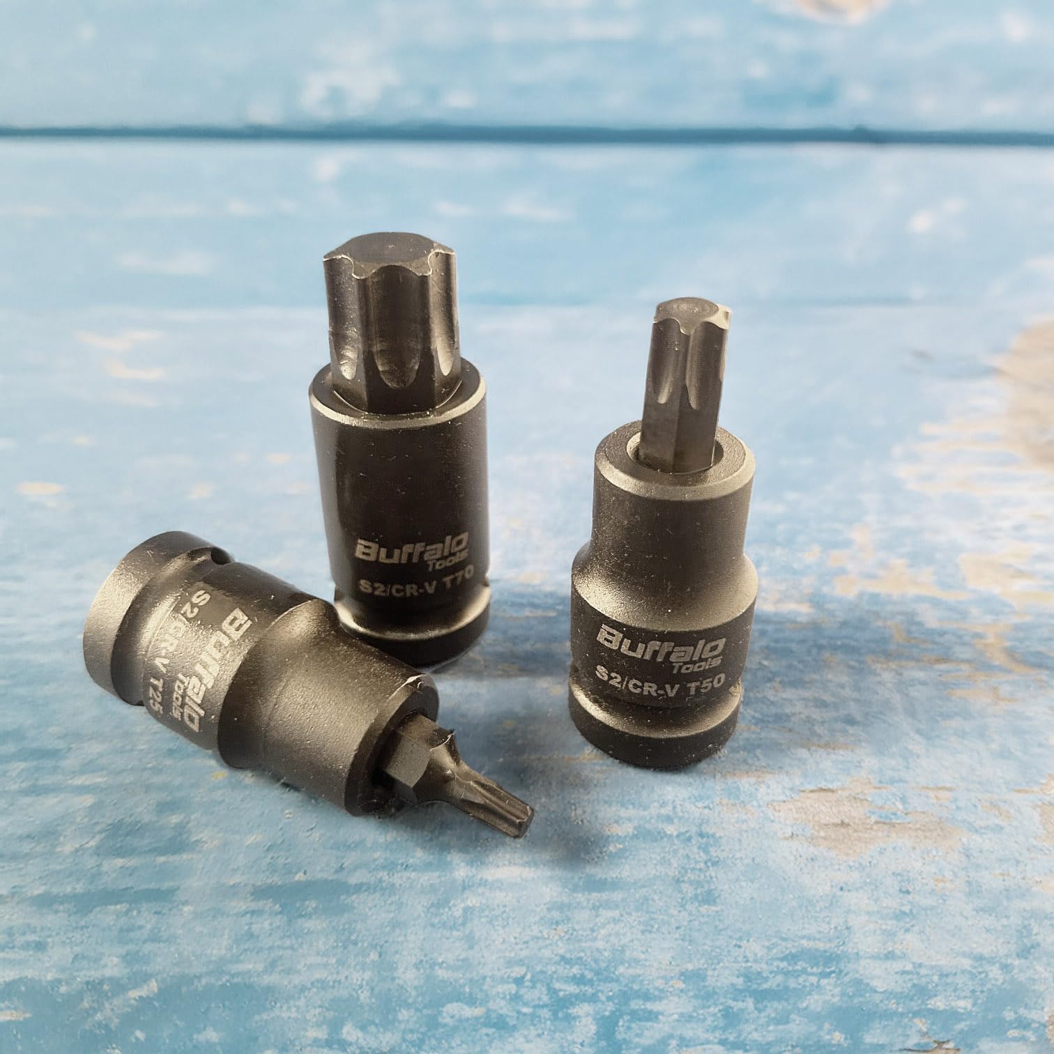 Buffalo Tools Juego de 10 llaves de vaso Torx Star de 1/2 pulgada T20-T70, acero al vanadio duradero, acabado resistente a la corrosión, juego de herramientas con bandeja de almacenamiento TRX-Star