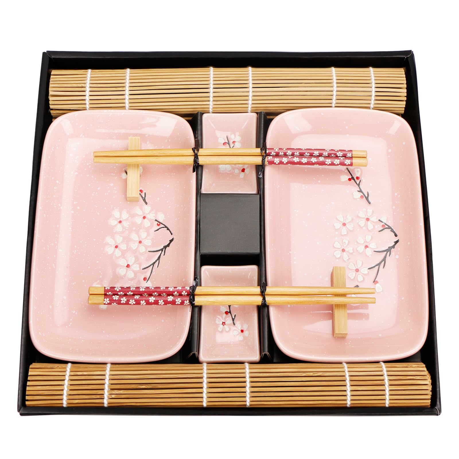 Exzact 10-teiliges Sushi-Set – 2 x Sushi-Teller, 2 x Dip-Schalen, 2 x Bambus-Tischsets, 2 x Bambus-Essstäbchen, 2 Paar Essstäbchen – hochwertiges Porzellan