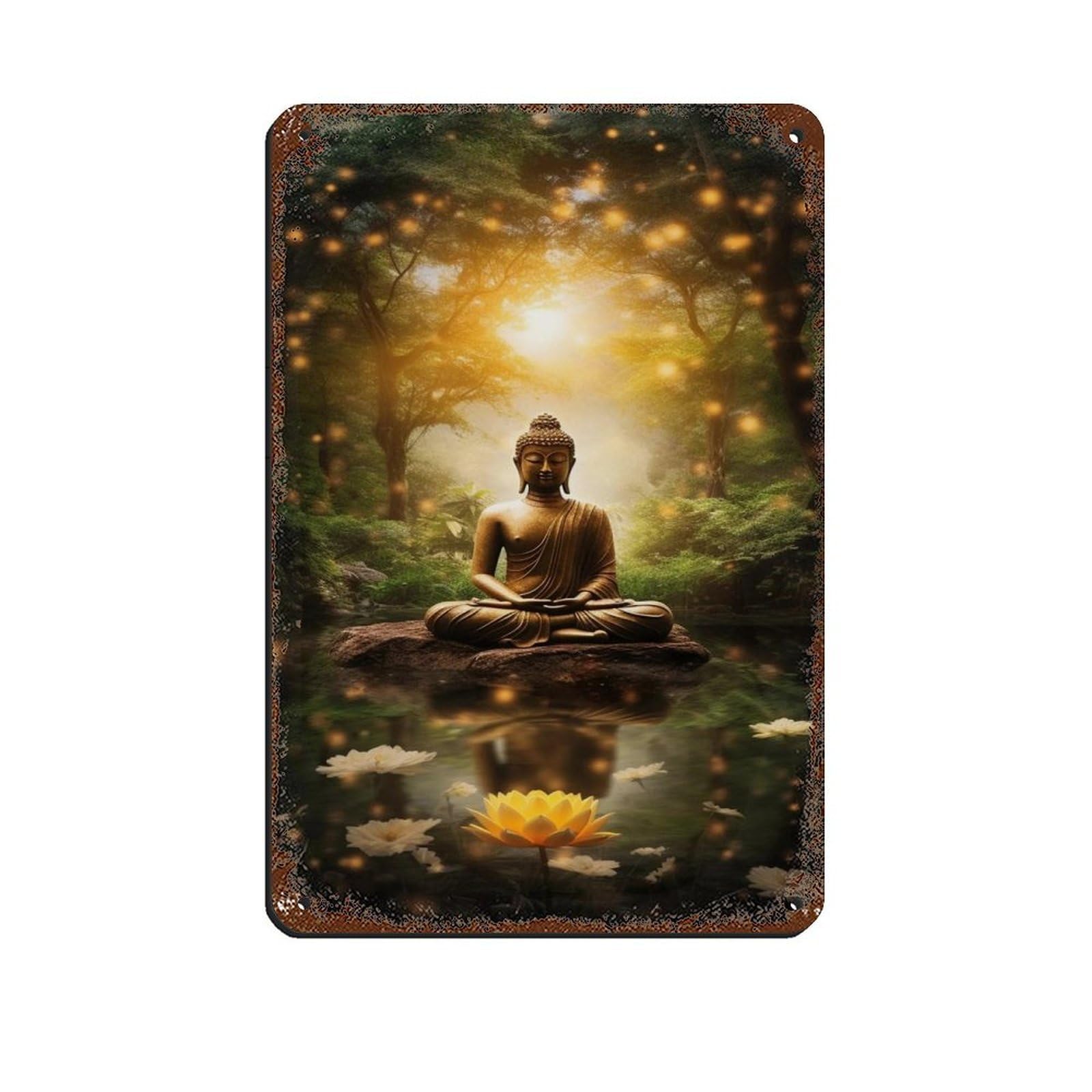 Golden Buddha in Enchanted Forest with Lotus–Zen Retro Poster Metal Tin Sign Chic Art Retro Iron Painting Bar People Cave Cafe Family Garage Poster Wall Decoration 8x12inch(20x30cm)