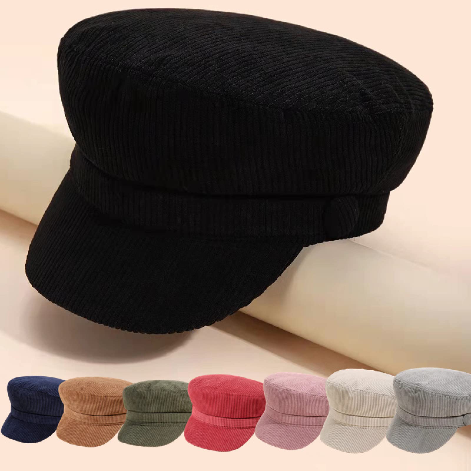 Gorro Beanie de Lana,Beanie Gorro de Invierno diseño,Gorra Plana de Pana con Visera, Boina Retro combinada, Negro, M (56-58cm)