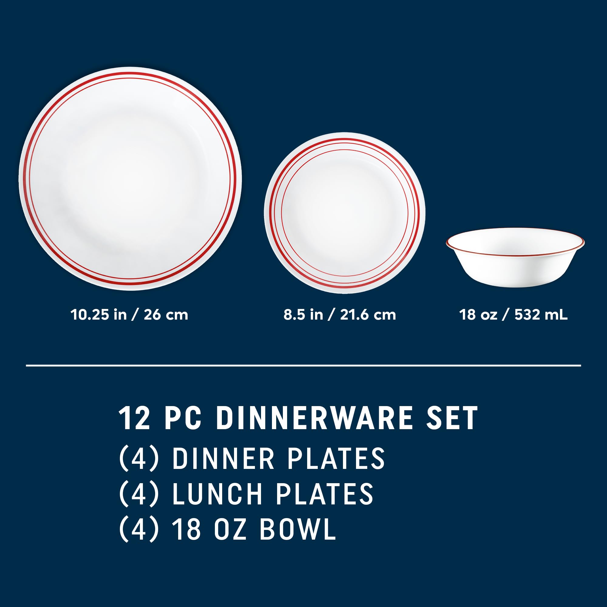 Corelle Logan 12-teiliges Geschirr-Set, Service für 4 Personen, dreilagig, splitter- und rissfest, Glasteller und Schüssel-Sets