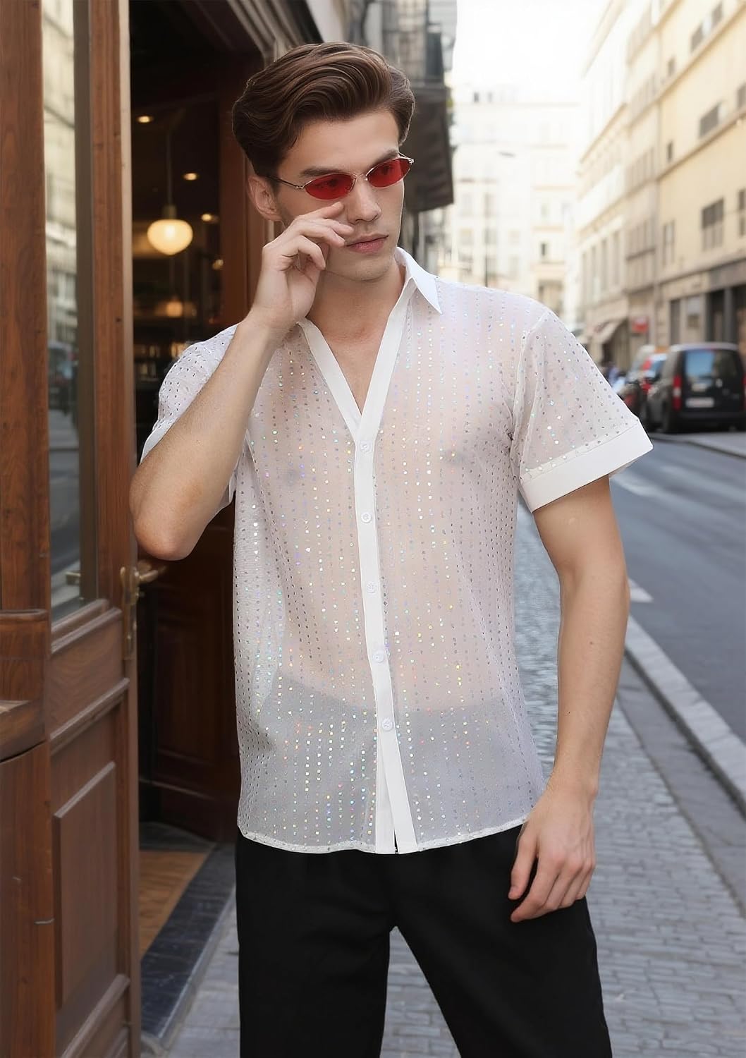 70s Disco Outfits for Mens Disco Sequins Shirt Mesh See Through Shirt Dancing Party Club Short Sleeve Glitter Top