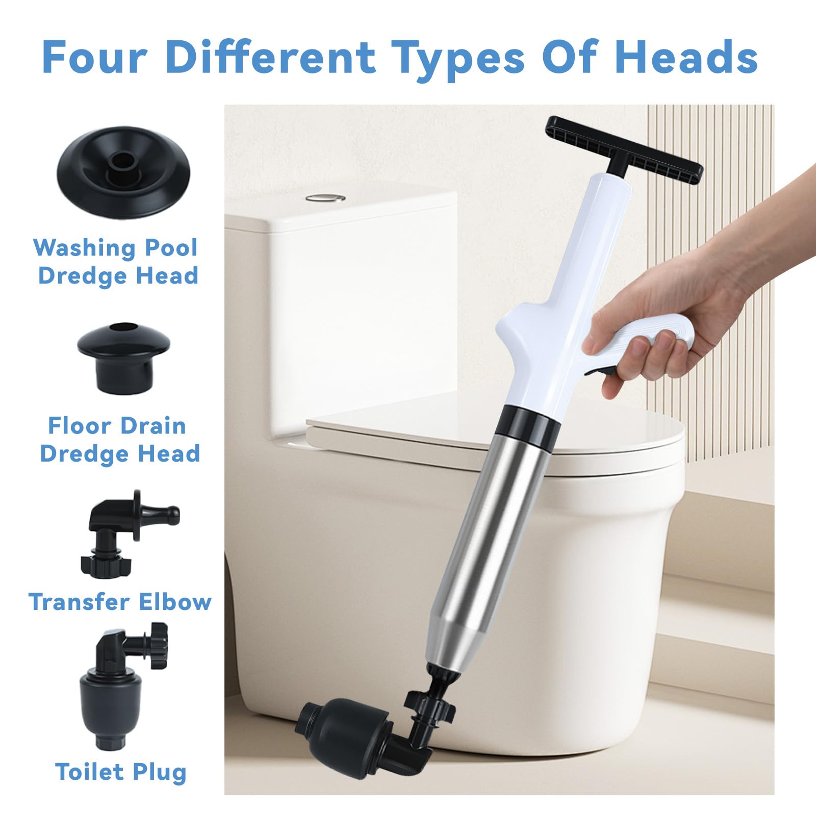 Déboucheur de Canalisations Haute Pression (4 Adaptateurs), Pompe à Détartrage Professionnelle avec Compression d'Air et Manomètre– Pour Toilettes, Évier, Douche, Cuisine – Anti-Bouchon Tuyauterie