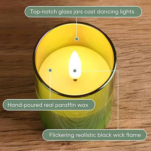 Miniatura 5 de Velas votivas sin llama verdes de Navidad con control remoto, pilas, LED parpadeantes, velas de vidrio, juego de 6 unidades, Diámetro de 2 pulgadas
