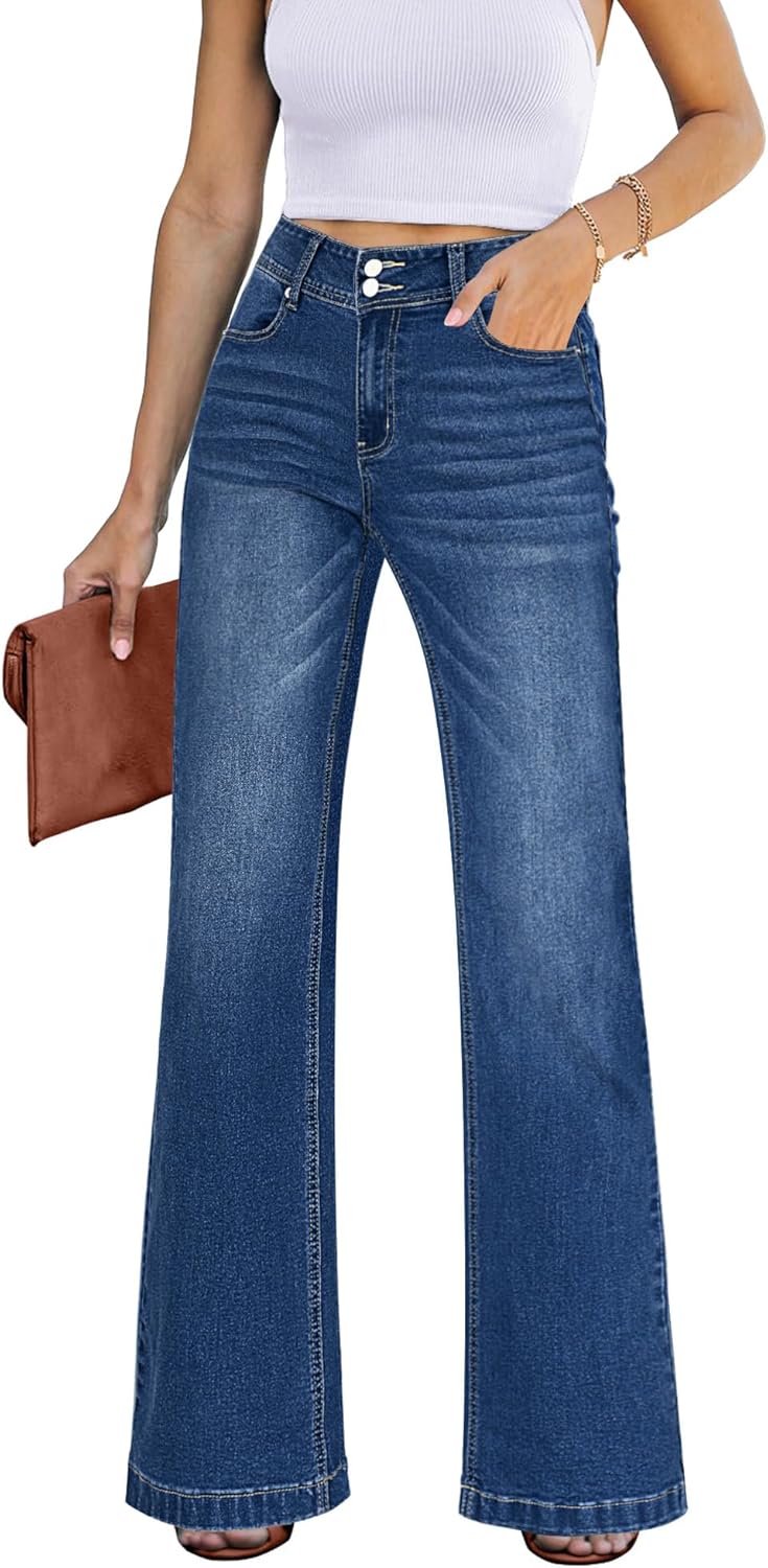 GRAPENT Wide Leg Jeans for Women Trendy High Waisted Flare Stretchy Denim Pants Baggy Dual Button Trouser Jeans Pockets Large Dark Blue