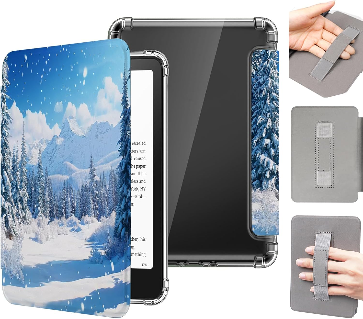 Case Compatible with Kindle Paperwhite 12th Gen (2024 Release) and Kindle Colorsoft Signature Edition (2024 Release) Clear TPU Back Cover with Hand Strap & Auto Wake/Sleep - Winter Snow Forest